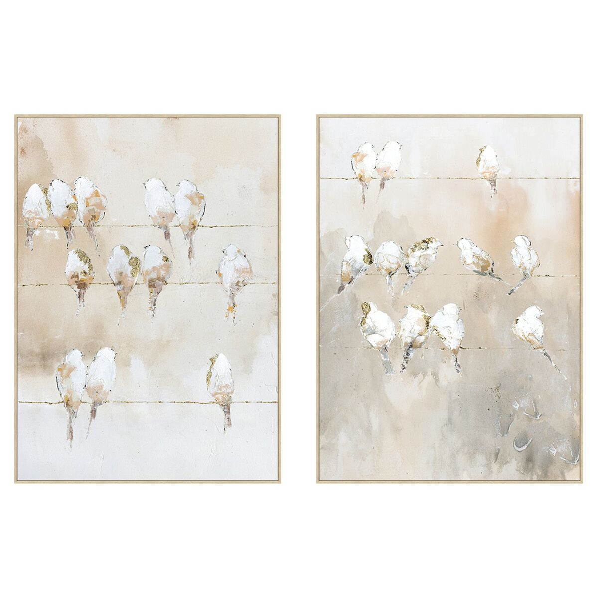 Cadre Home ESPRIT Blanc Beige Gris Doré Oiseaux Scandinave 103 x 4,5 x 143 cm (2 Unités)