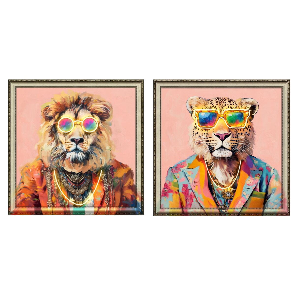 Schilderij Home ESPRIT Blauw Oranje Licht Roze Luipaard Leeuw Modern 84 x 4 x 84 cm (2 Stuks)