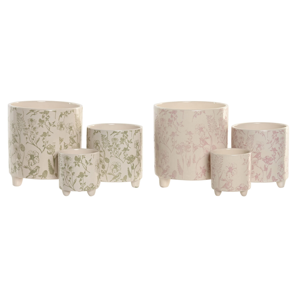 Grondlegger Home ESPRIT Wit Groen Roze Keramisch Blommor Shabby Chic 13,7 X 13,7 X 14,7 CM (3 Onderdelen) (2 Stuks)