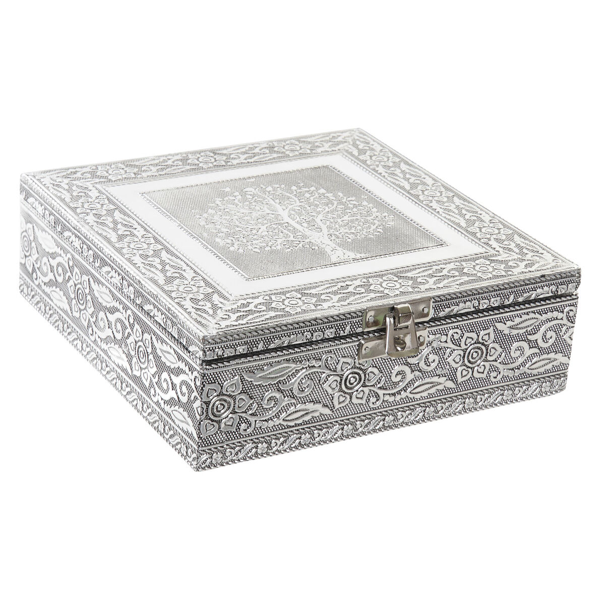 Doos-Juwelenkistje Home ESPRIT Zilverkleurig Natuurlijk Hout Aluminium 18 x 18 x 6 cm