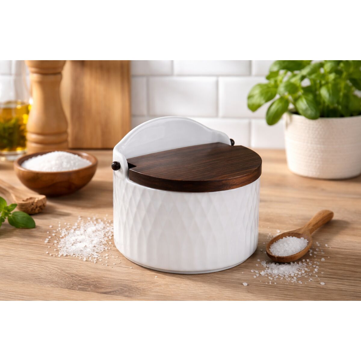 Salt Shaker with Lid Home ESPRIT White Dark brown Bamboo Porcelain 12 x 10 x 11 cm, view 3