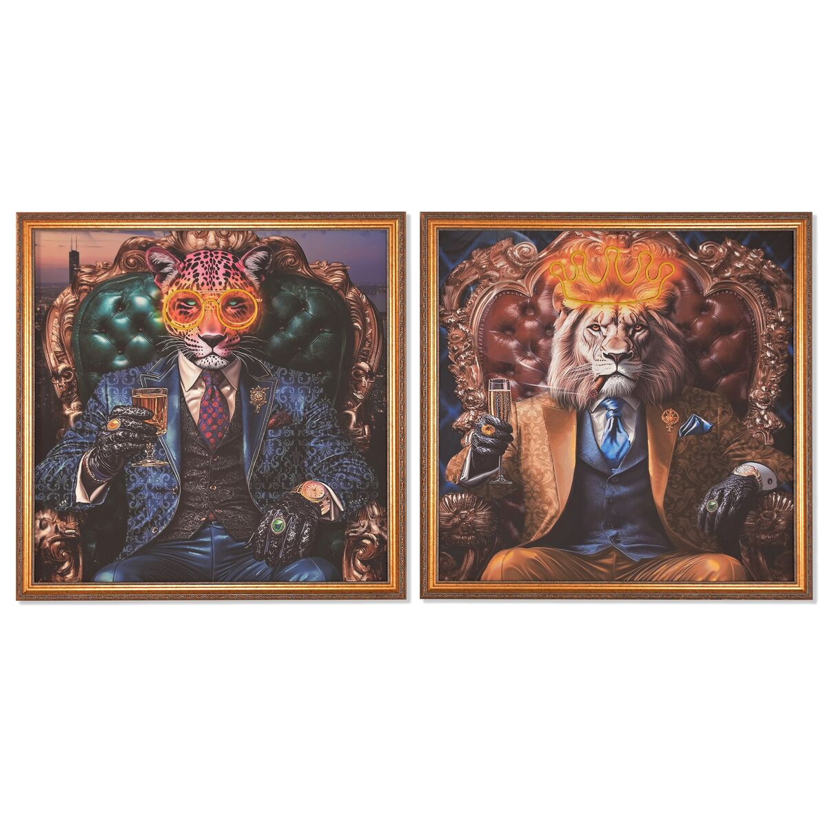 Schilderij Home ESPRIT Geel Blauw Gouden Luipaard Leeuw Loft 100 x 4 x 100 cm (2 Stuks)