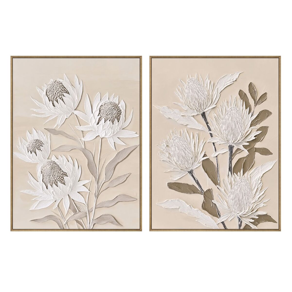 Schilderij Home ESPRIT Wit Beige Blommor Traditioneel (2 Stuks)