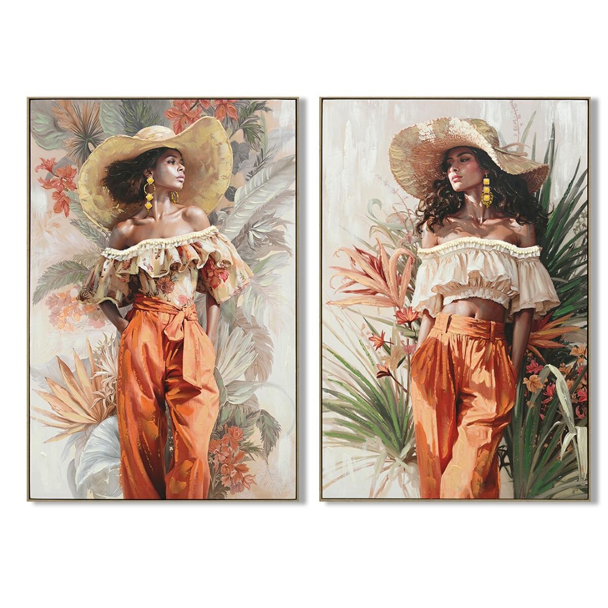 Schilderij Home ESPRIT Groen Oranje Hoed Tropisch 82 x 4 x 122 cm (2 Stuks)