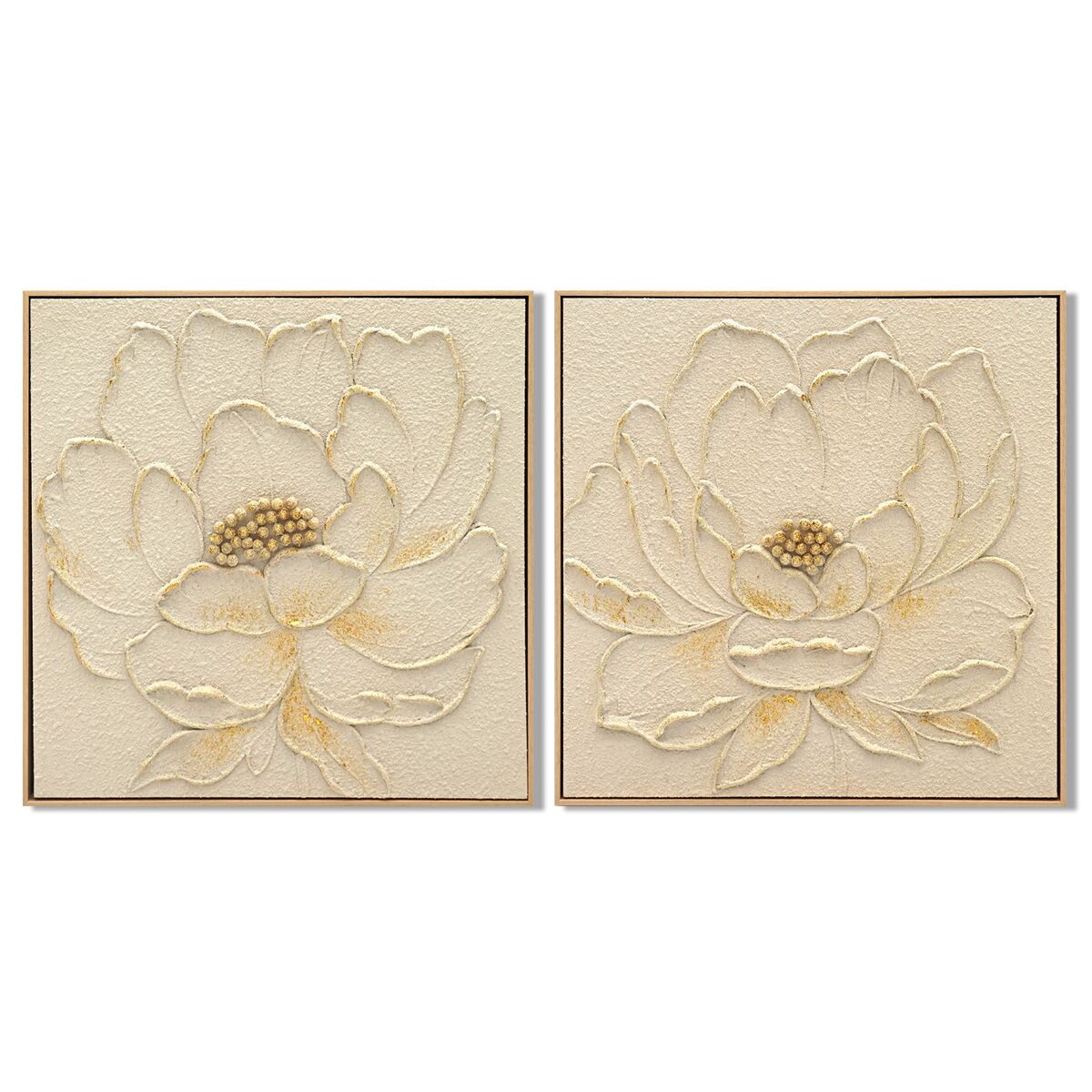 Schilderij Home ESPRIT Beige Gouden Bloem Shabby Chic 62 x 4,5 x 62 cm (2 Stuks)