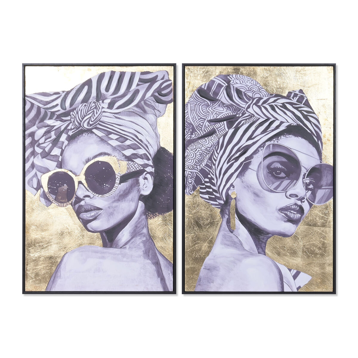 Schilderij Home ESPRIT Zwart Gouden chica 60 x 3,5 x 90 cm (2 Stuks)