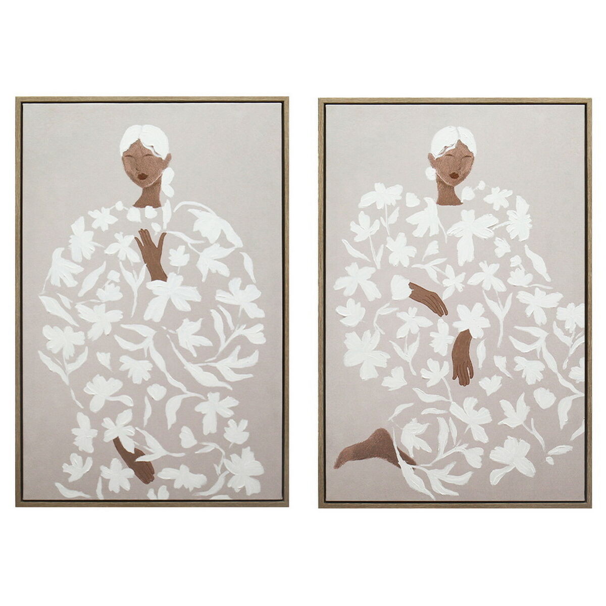 Canvas Home ESPRIT Wit Donkerroze Blommor Scandinavisch 60 x 3,8 x 90 cm (2 Stuks)