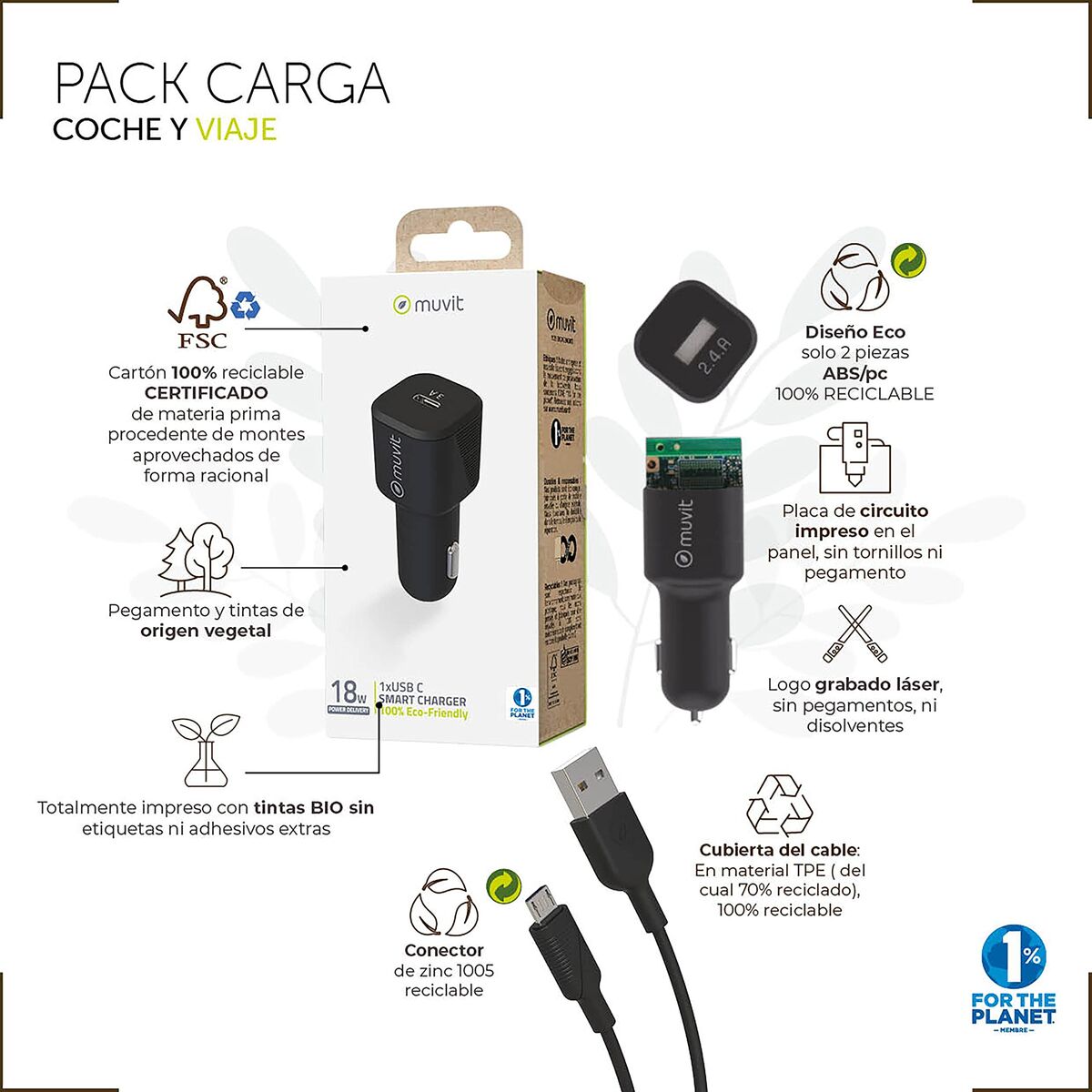 Image de Car Charger Muvit for Change 1,2 m Black