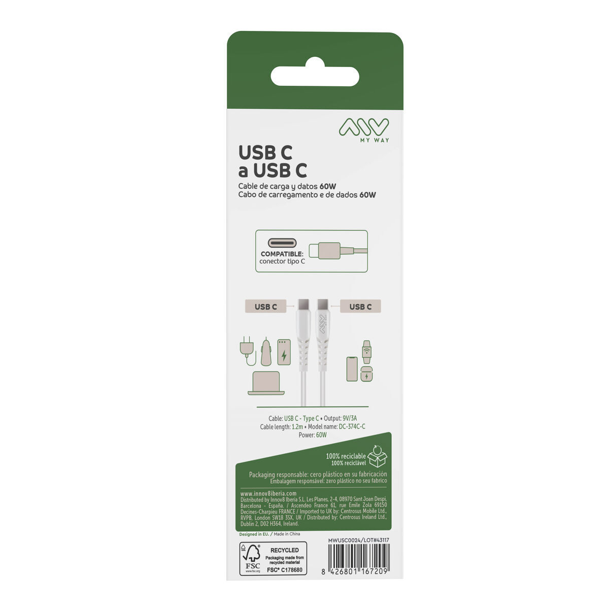 Kabel USB-C naar USB-C Myway MWUSC0024 Wit