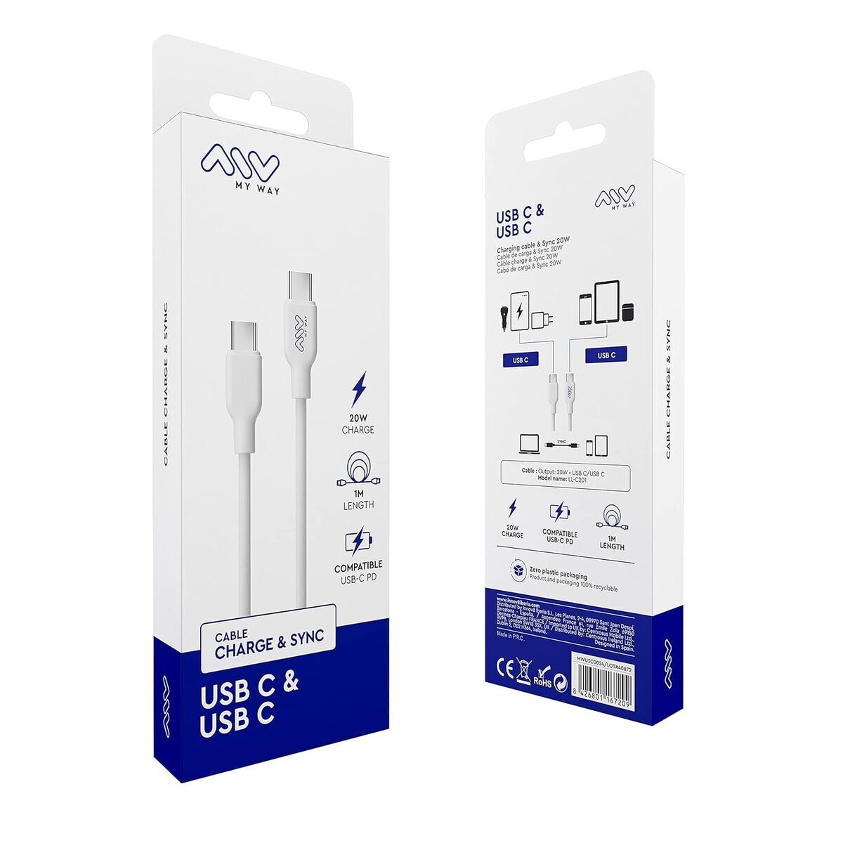 Kabel USB-C naar USB-C Myway MWUSC0024 Wit