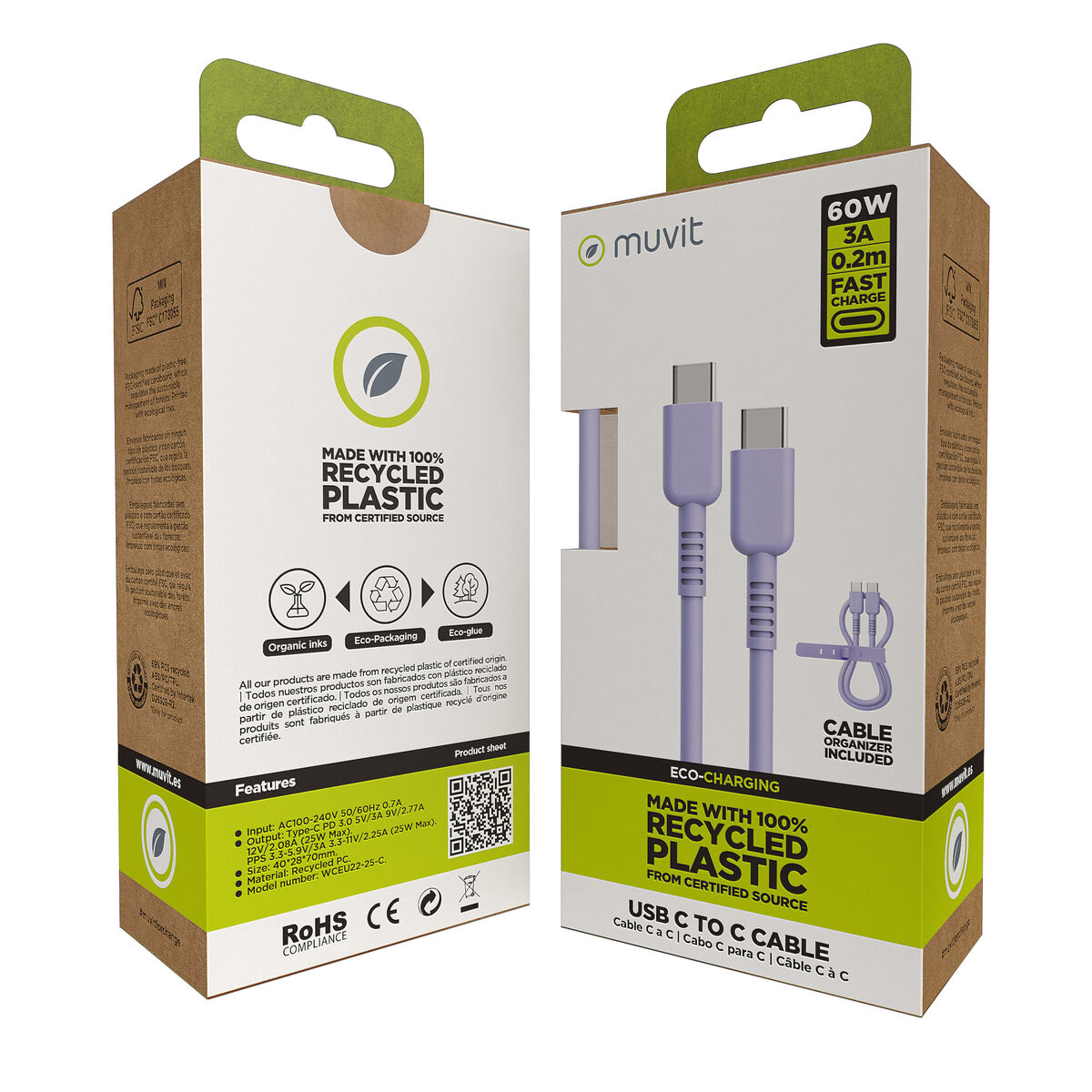 Kabel USB-C naar USB-C Muvit for Change Lavendel 0,2 m