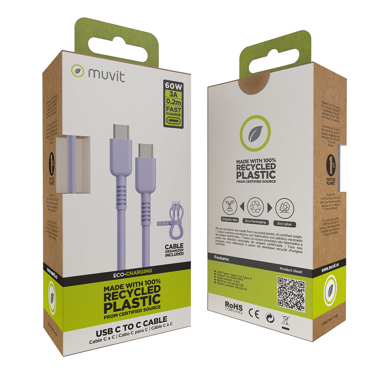 Kabel USB-C naar USB-C Muvit for Change Lavendel 0,2 m