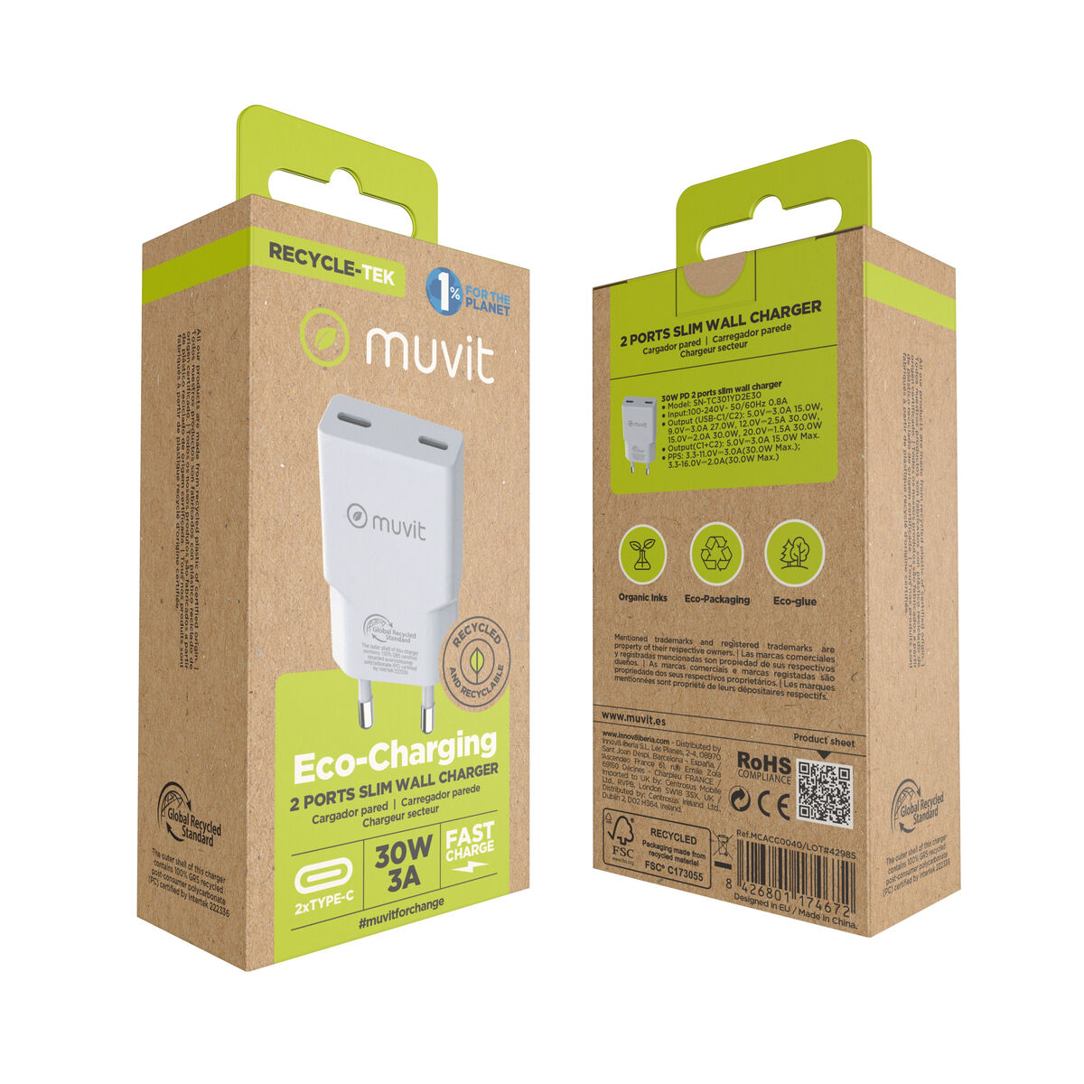 Image de Chargeur de voiture Muvit for Change HC-263C Blanc 30 W