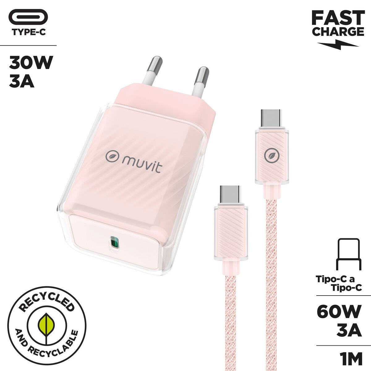 Bild von Wand-Ladegerät + USB-C Kabel Muvit for Change Glass GaN Rosa