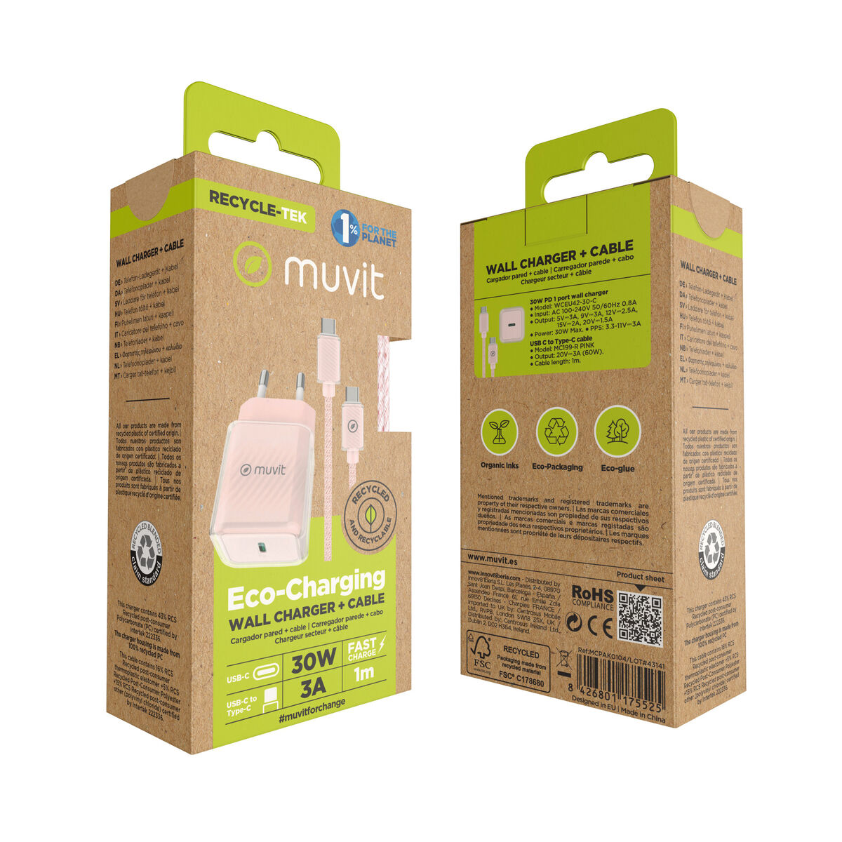 Wall Charger + USB-C Cable Muvit for Change  Glass GaN Pink