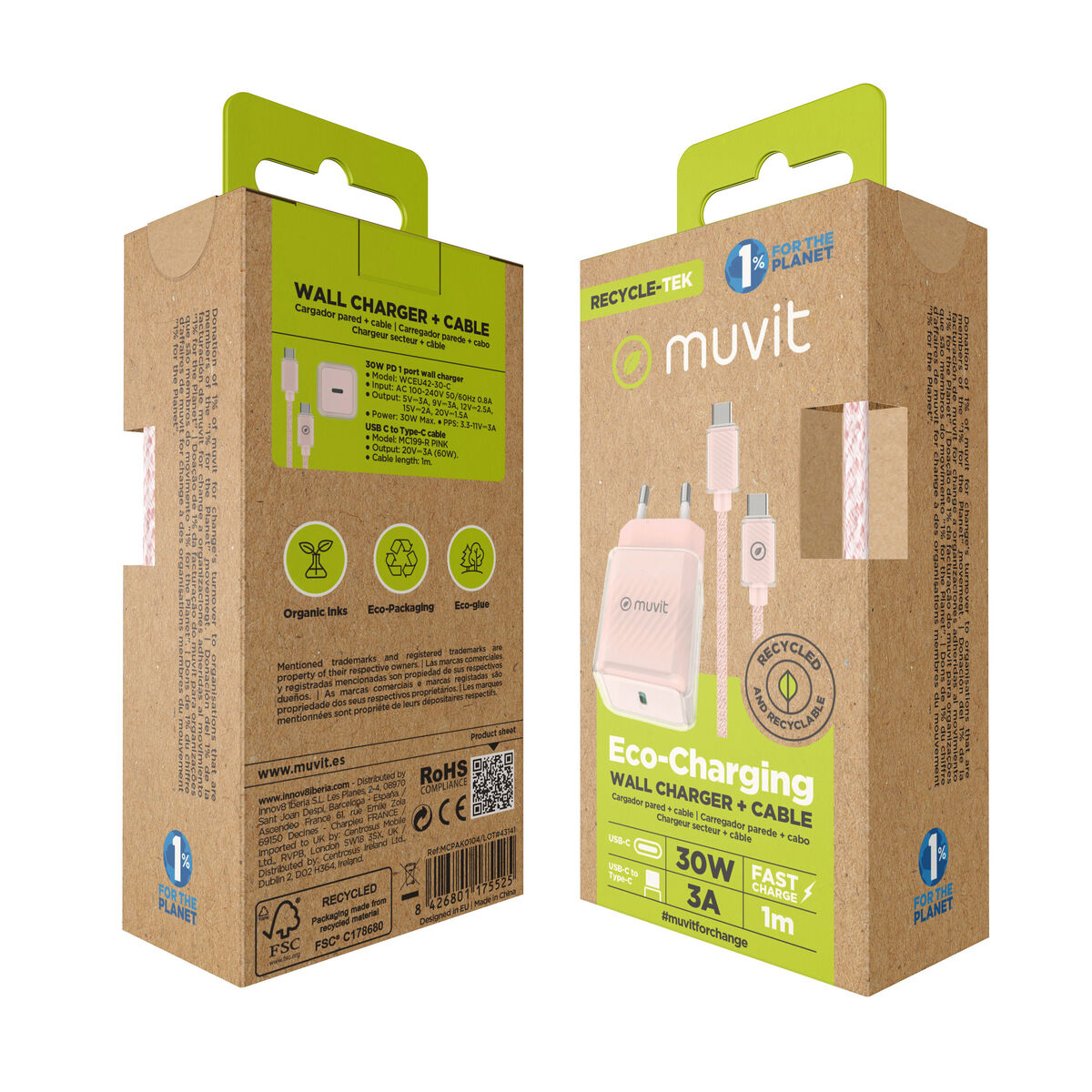 Wall Charger + USB-C Cable Muvit for Change  Glass GaN Pink