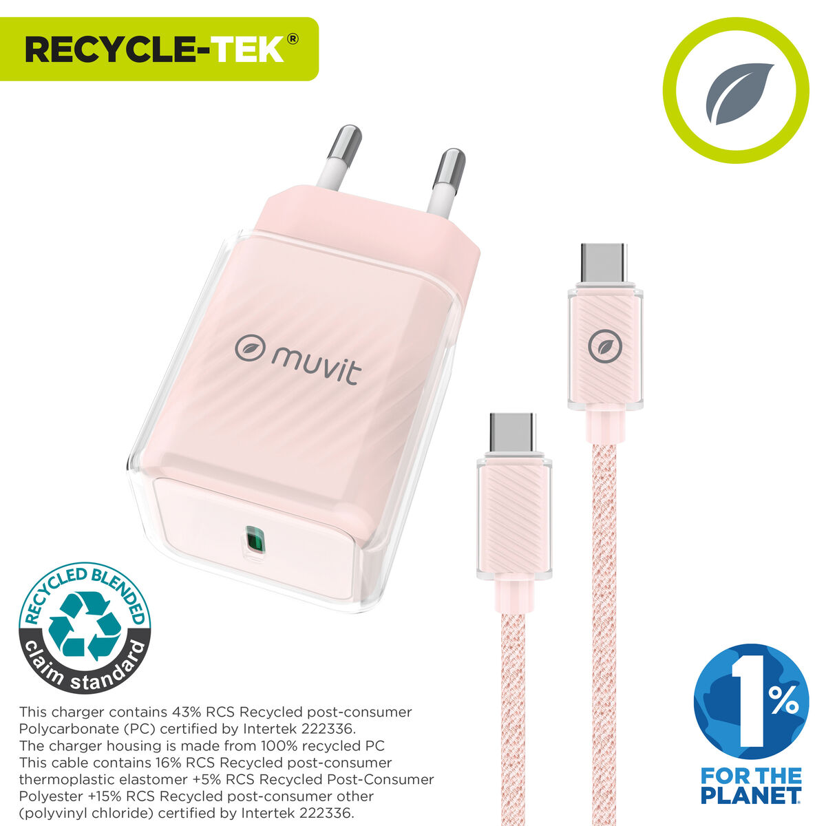 Bild von Wand-Ladegerät + USB-C Kabel Muvit for Change Glass GaN Rosa