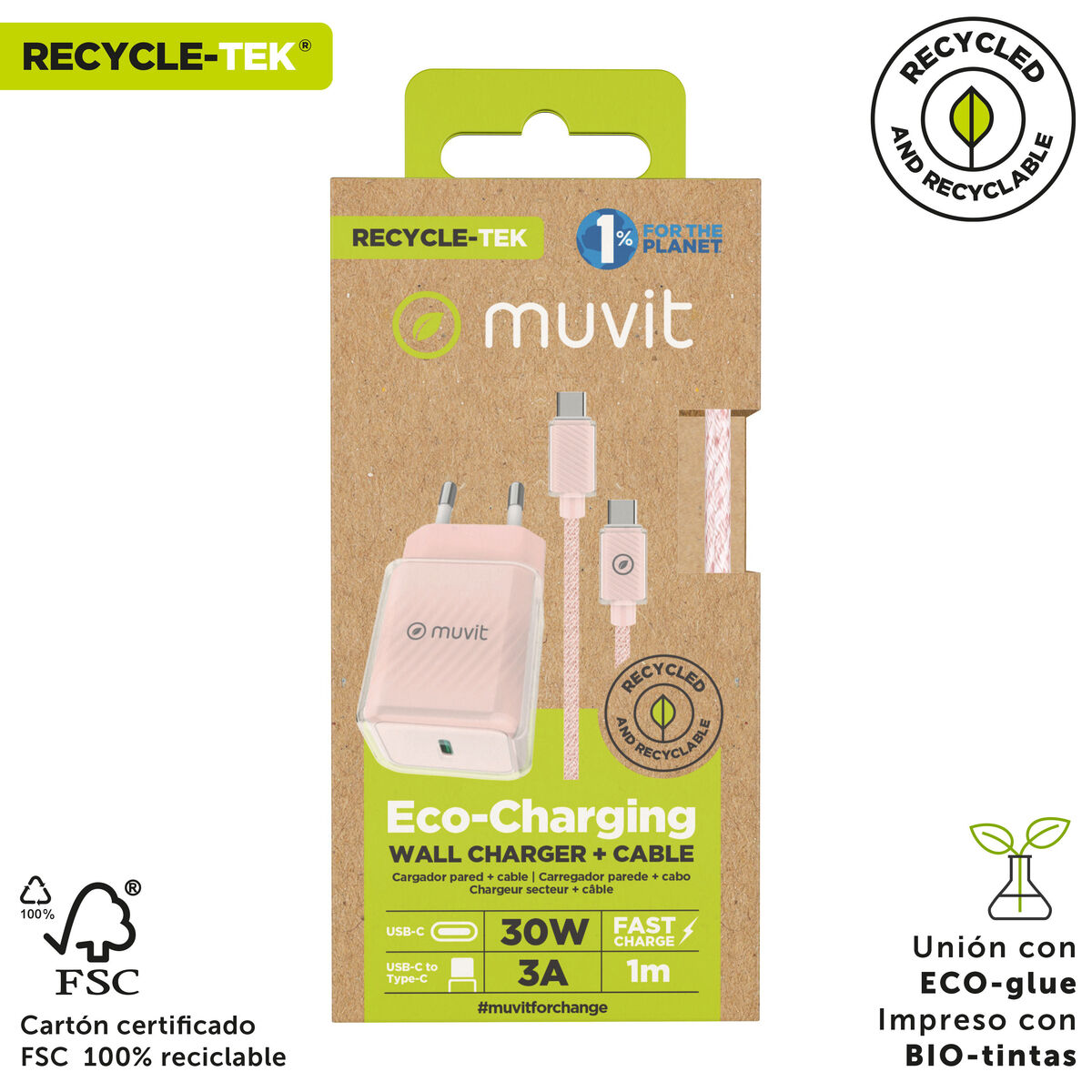 Wall Charger + USB-C Cable Muvit for Change  Glass GaN Pink