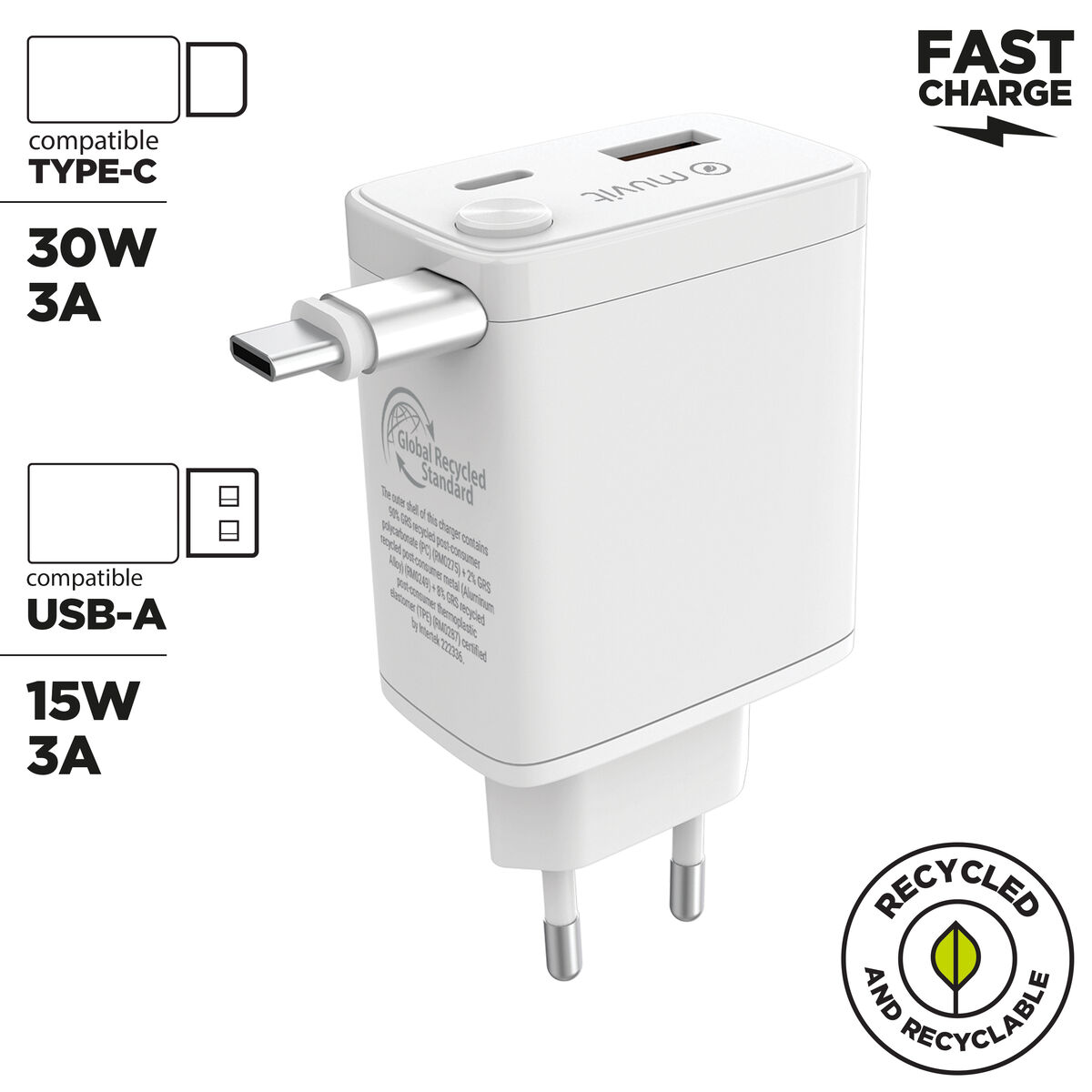 Picture of Wall Charger Muvit WCEU63-30-AC2 White 30 W