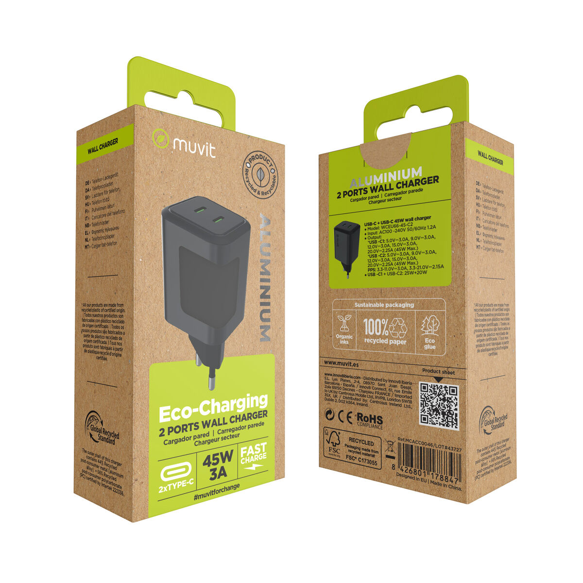 Wall Charger Muvit WCEU66-45-C2 Silver 45 W