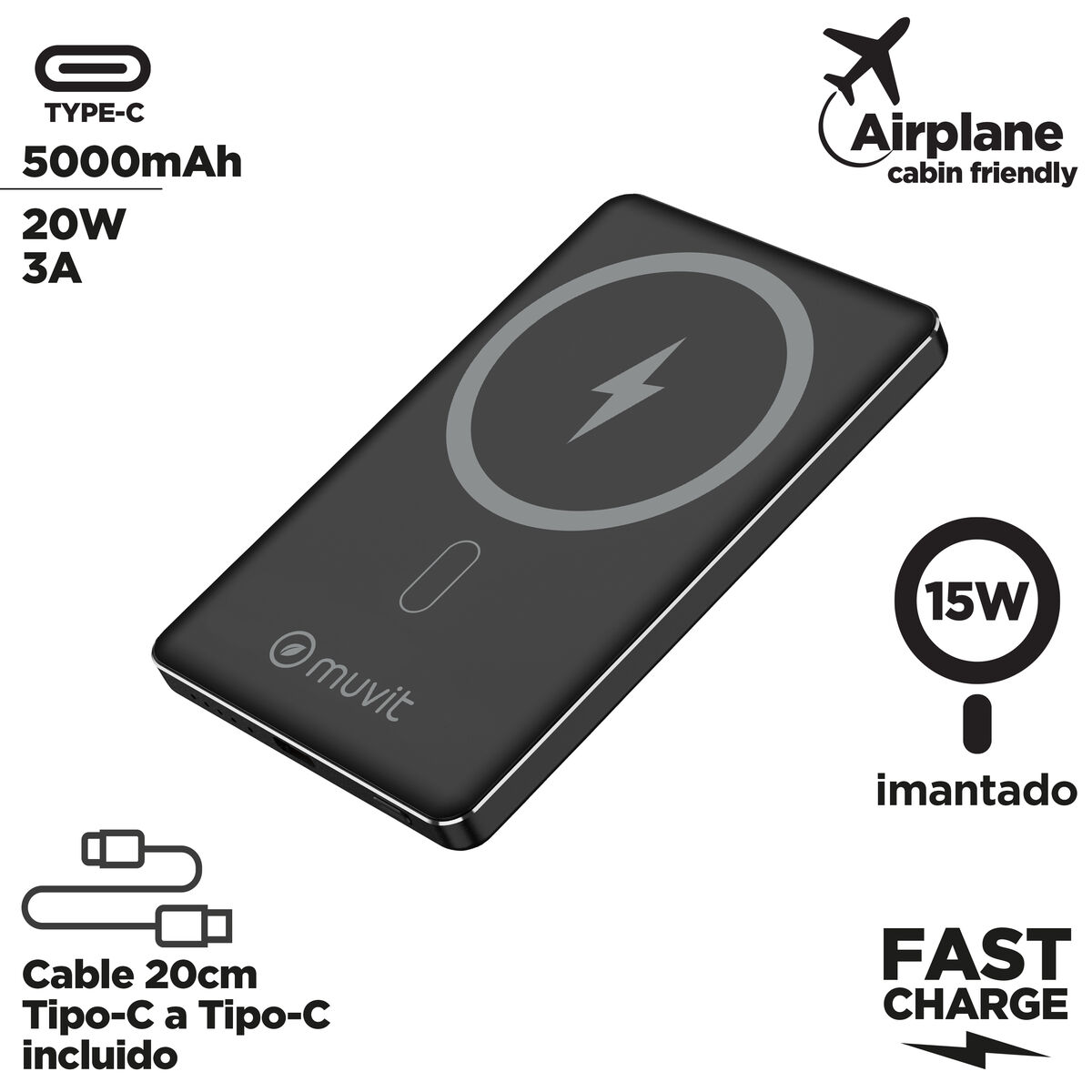 Bild von Powerbank Muvit for Change Black Aluminium 5000 mAh