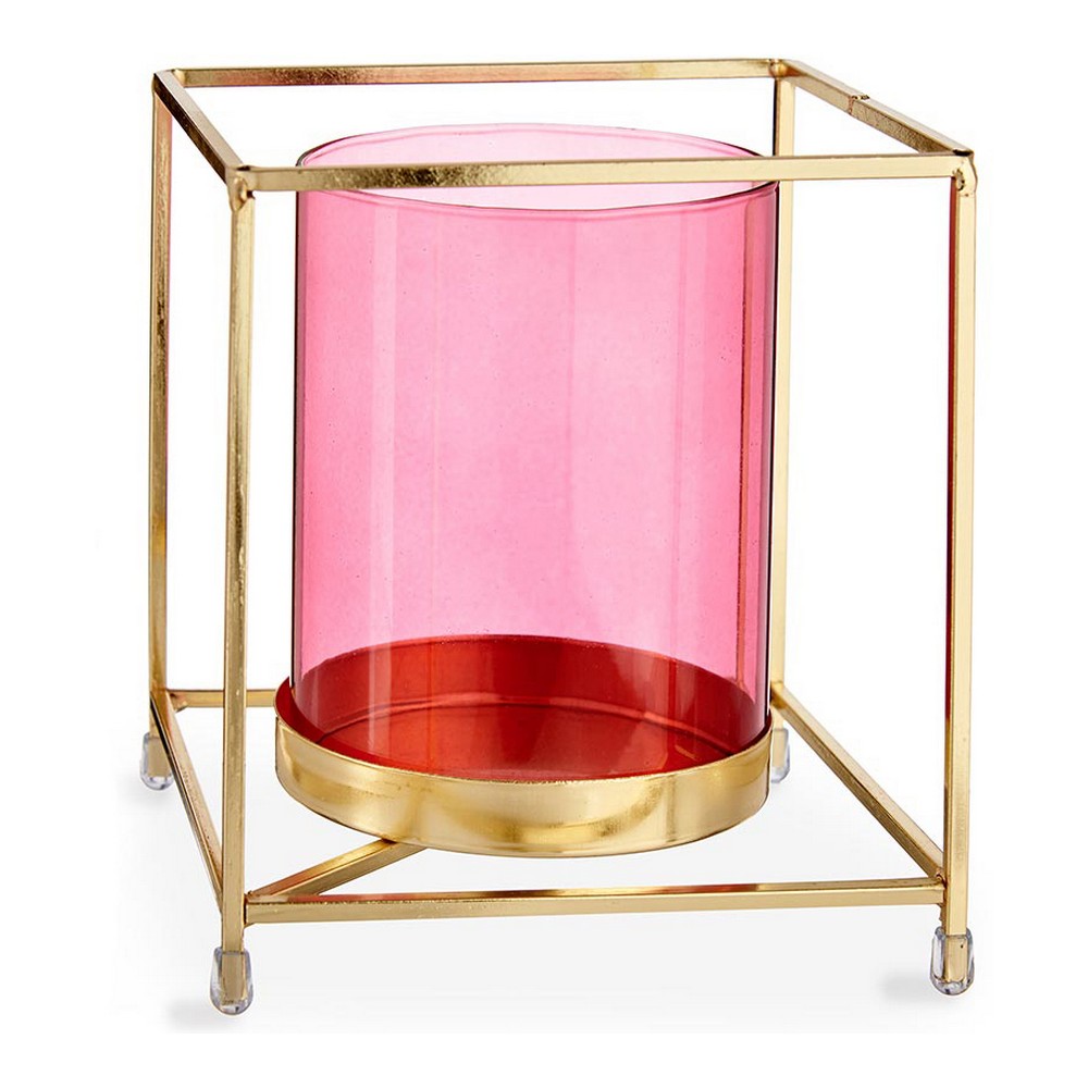 Candleholder Squared Pink Golden Metal Glass (14 x 15,5 x 14 cm)
