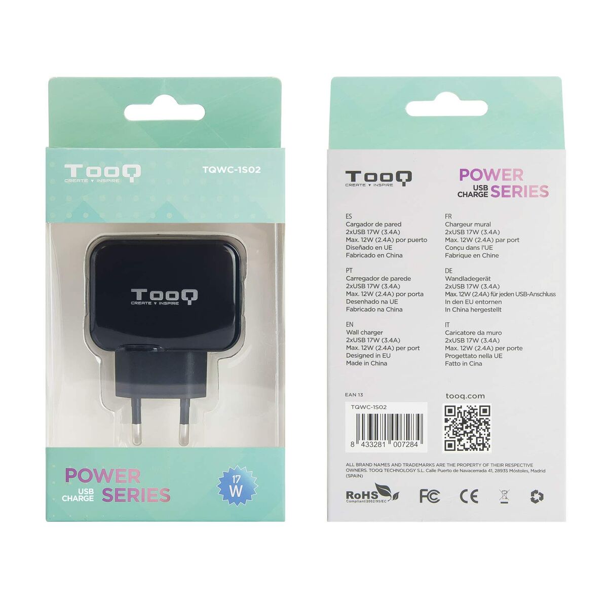 Wall Charger TooQ TQWC-1S02 Black 17 W