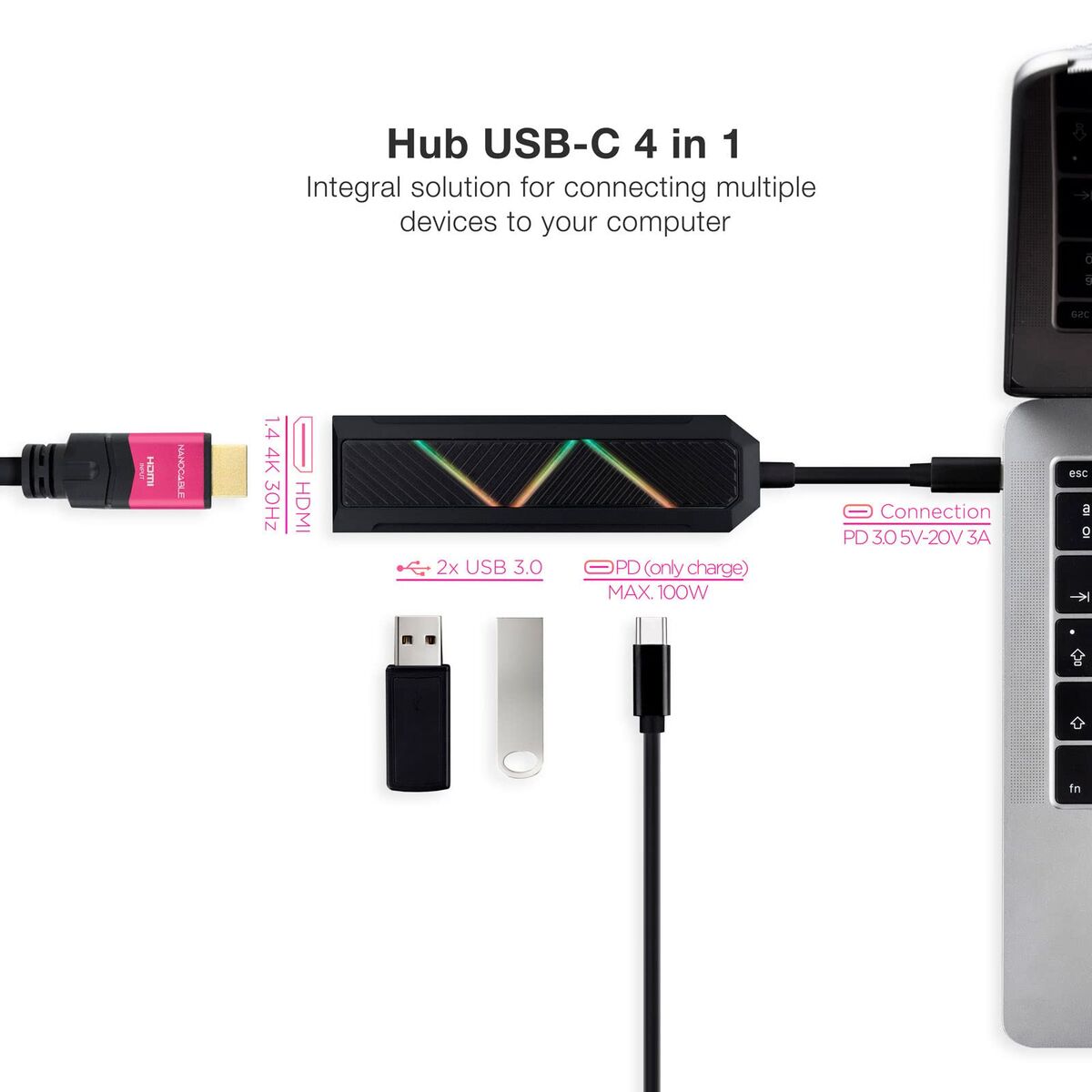 Picture of USB-C Hub NANOCABLE 10.16.0401 Black 100 W