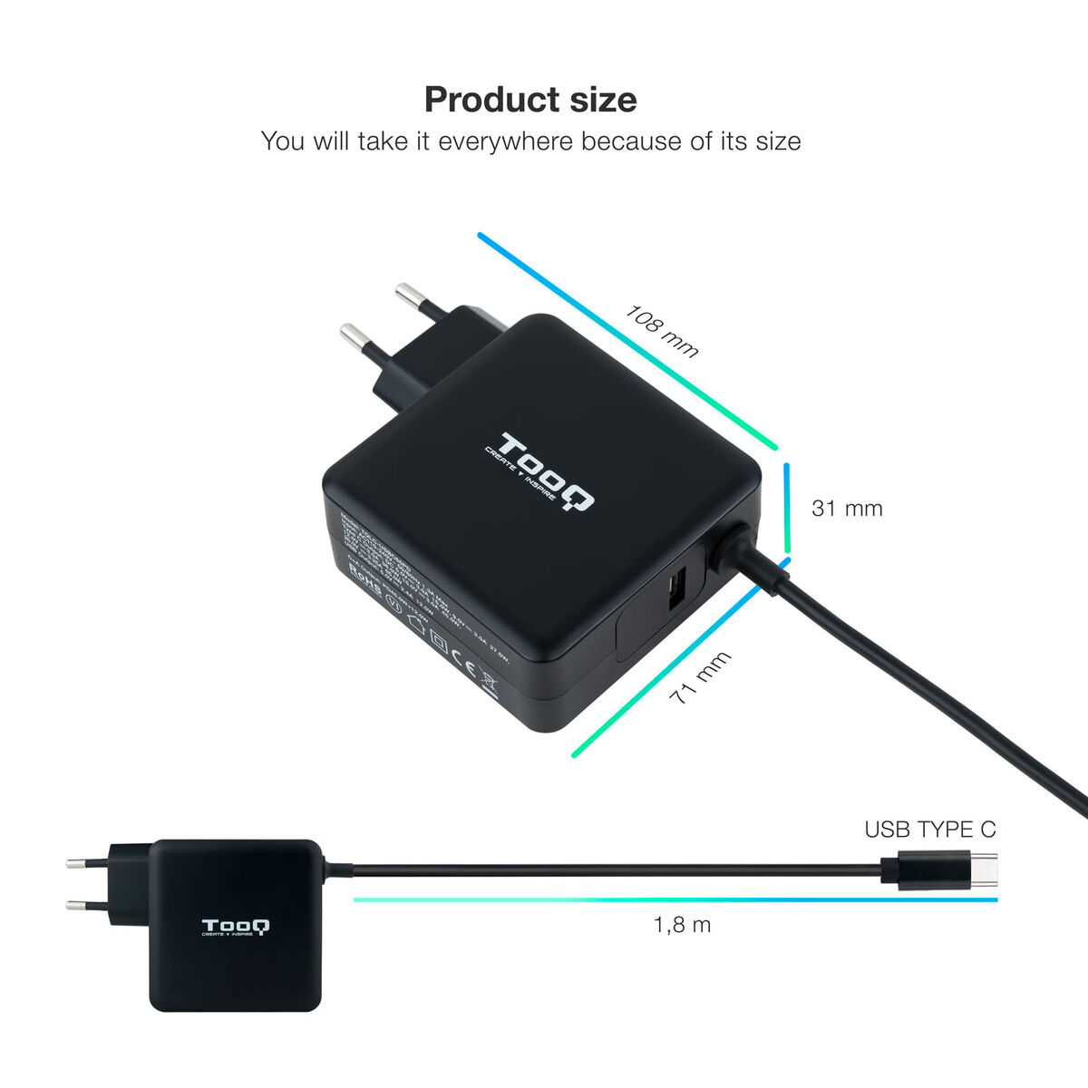 Immagine di Wall Charger TooQ TQLC-USBC65PD Black 65 W