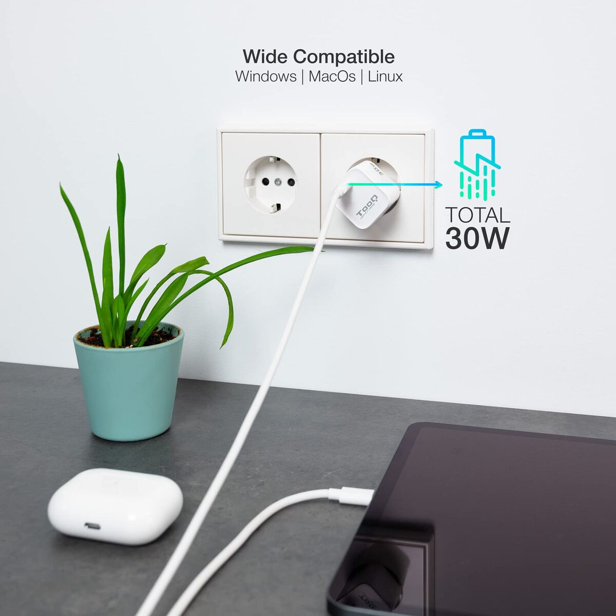 Wall Charger TooQ TQWC-GANPD30WT White 30 W