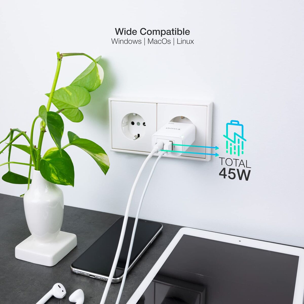 Bild von Wall Charger TooQ TQWC-GANQCPD45WT White 45 W