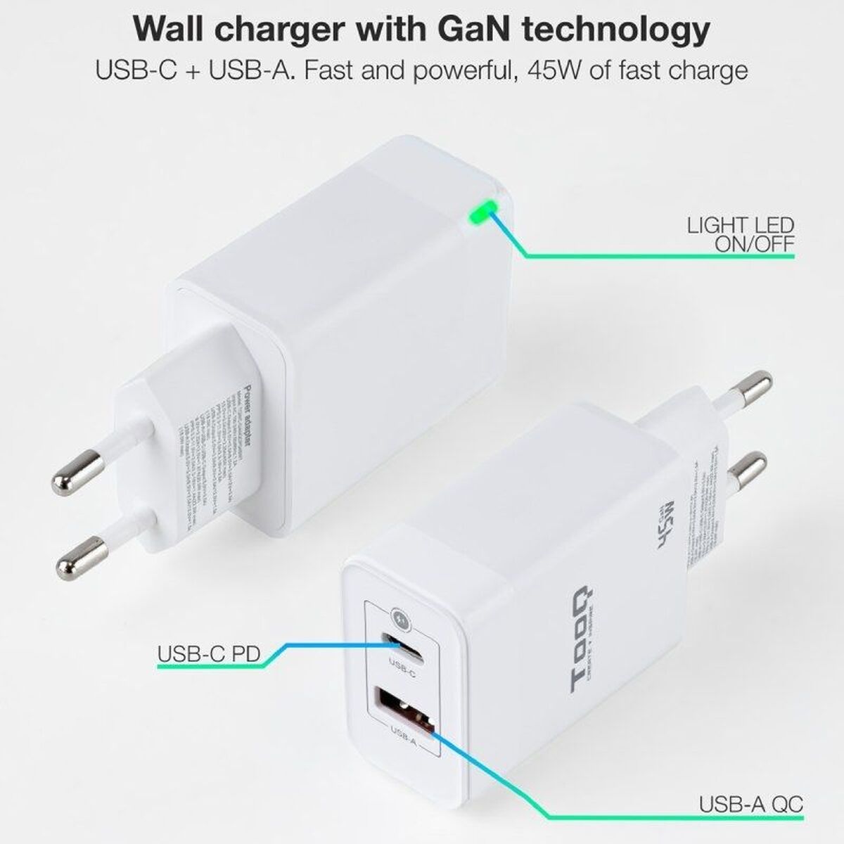 Wall Charger TooQ TQWC-GANQCPD45WT White 45 W