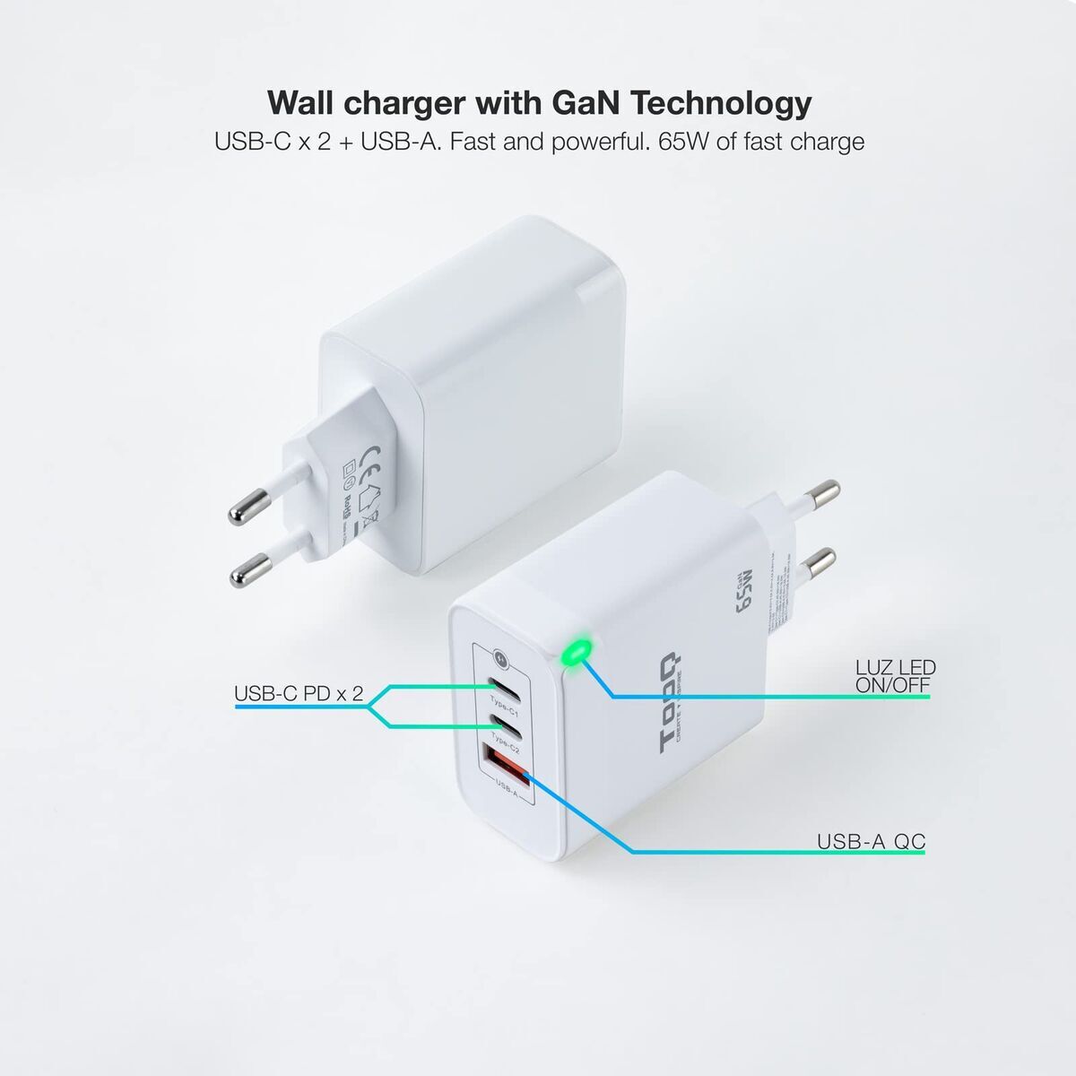 Bild von Wall Charger TooQ TQWC-GANQC2PD65WT White 65 W