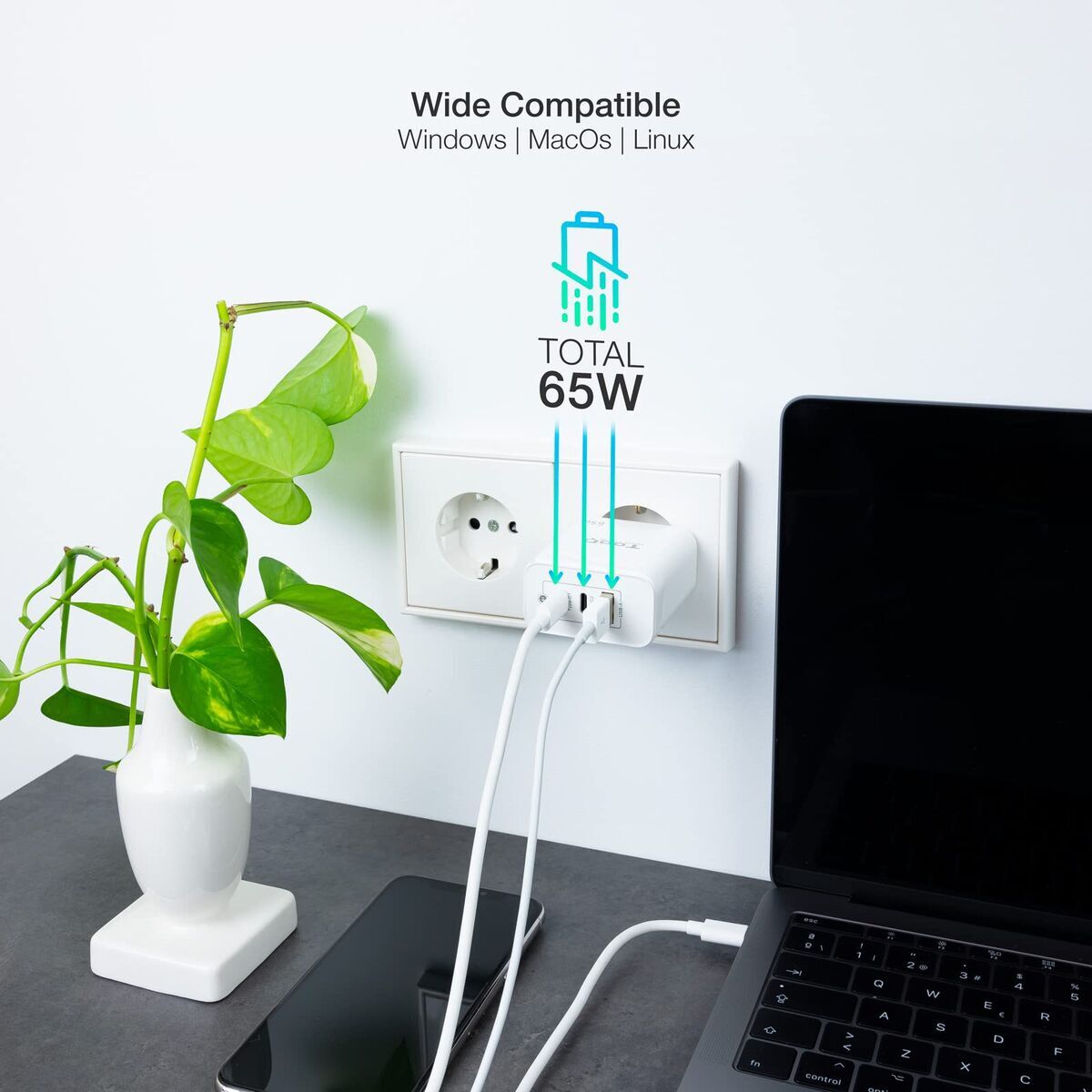 Bild von Wall Charger TooQ TQWC-GANQC2PD65WT White 65 W