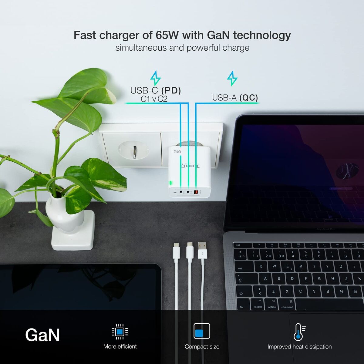 Bild von Wall Charger TooQ TQWC-GANQC2PD65WT White 65 W