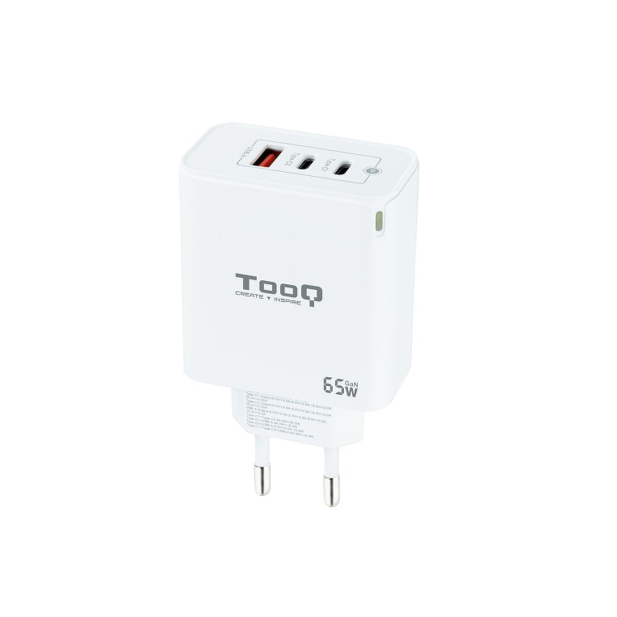 Picture of Wall Charger TooQ Cargador de Pared GaN 2USB-C/PD + USB-A/QC 65W, Blanco White 65 W