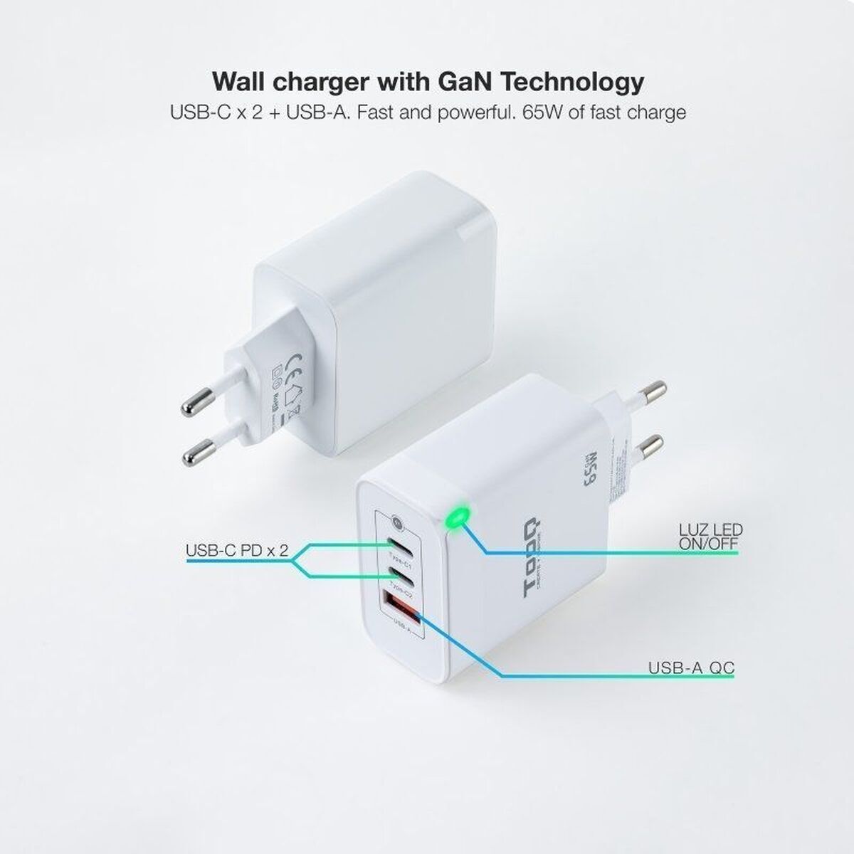 Wall Charger TooQ TQWC-GANQC2PD65WT White 65 W