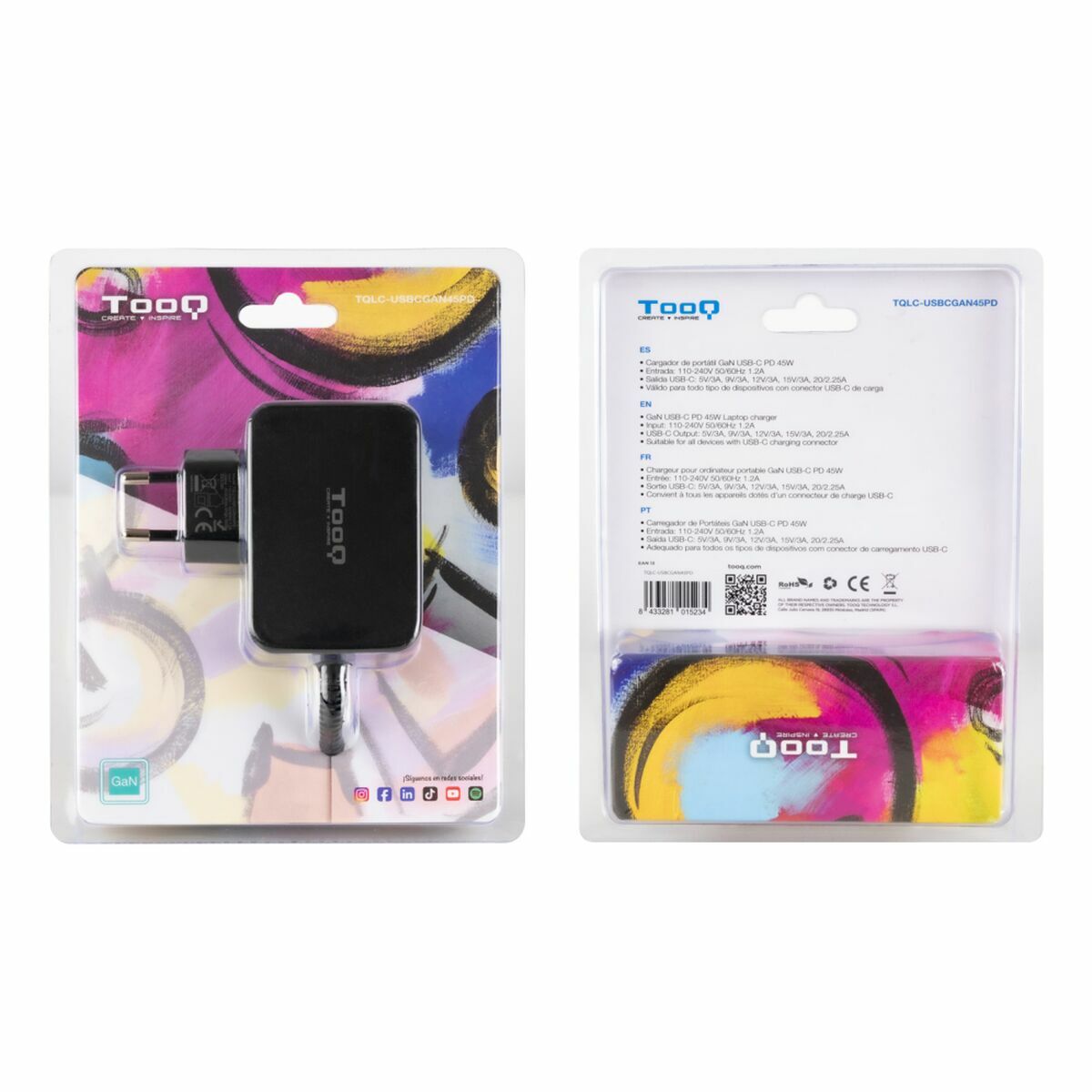 Picture of Wall Charger TooQ TQLC-USBCGAN45PD Black 45 W