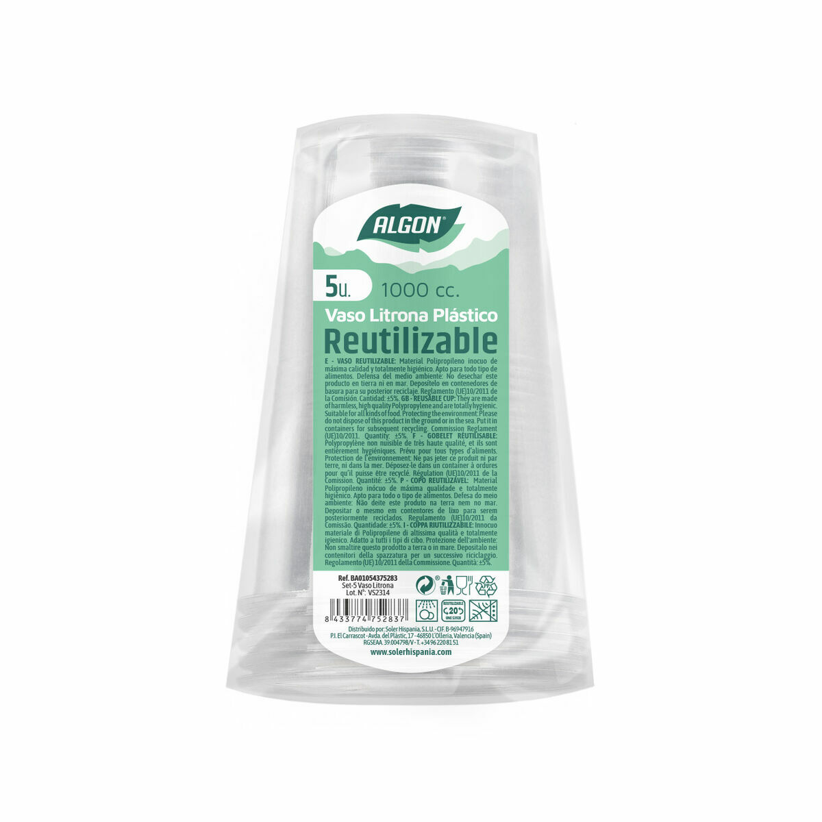 Set van herbruikbare glazen Algon 1 L Transparant 24 Stuks (5 Onderdelen)