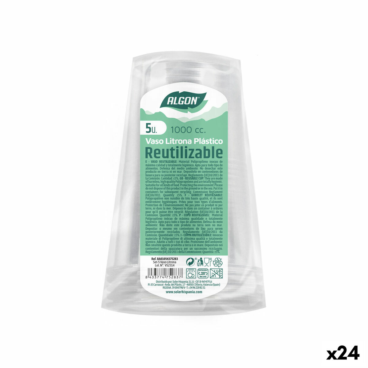 Set van herbruikbare glazen Algon 1 L Transparant 24 Stuks (5 Onderdelen)