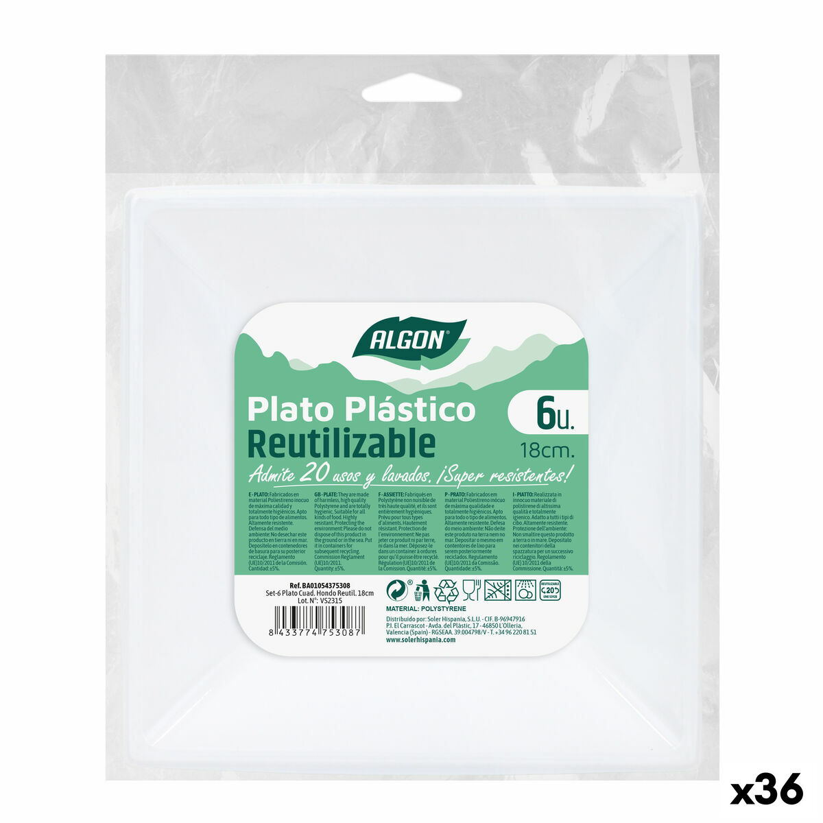 Lot d'assiettes réutilisables Algon Carré Blanc Plastique 18 x 18 x 4 cm (36 Unités)