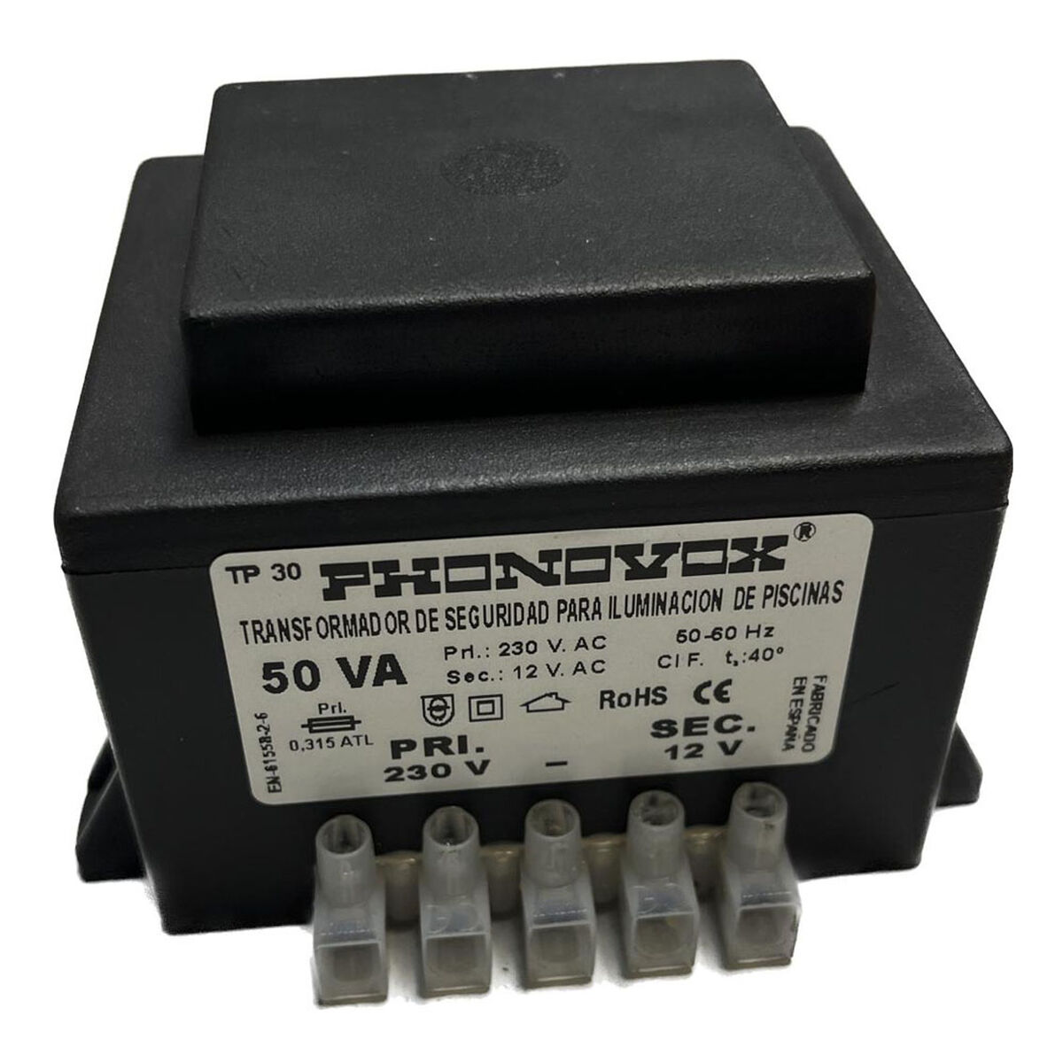 Transformateur de sécurité pour l'éclairage des piscines PHONOVOX tp31050 50 VA 12 V 230 V 50-60 Hz 9,8 x 7,9 x 6,4 cm