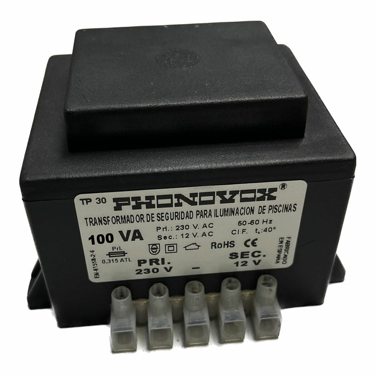 Transformateur de sécurité pour l'éclairage des piscines PHONOVOX tp31100 100 VA 12 V 230 V 50-60 Hz 9,8 x 7,9 x 7,4 cm