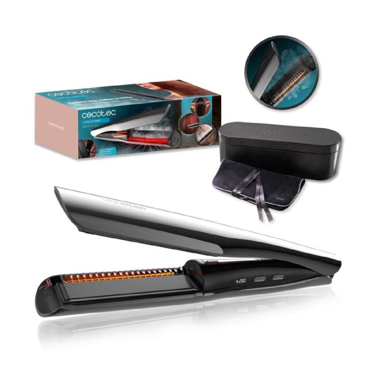 Cecotec Plancha de pelo de vapor Lisse iSteamy, 43 W, infrarrojos, pantalla digital, blanca