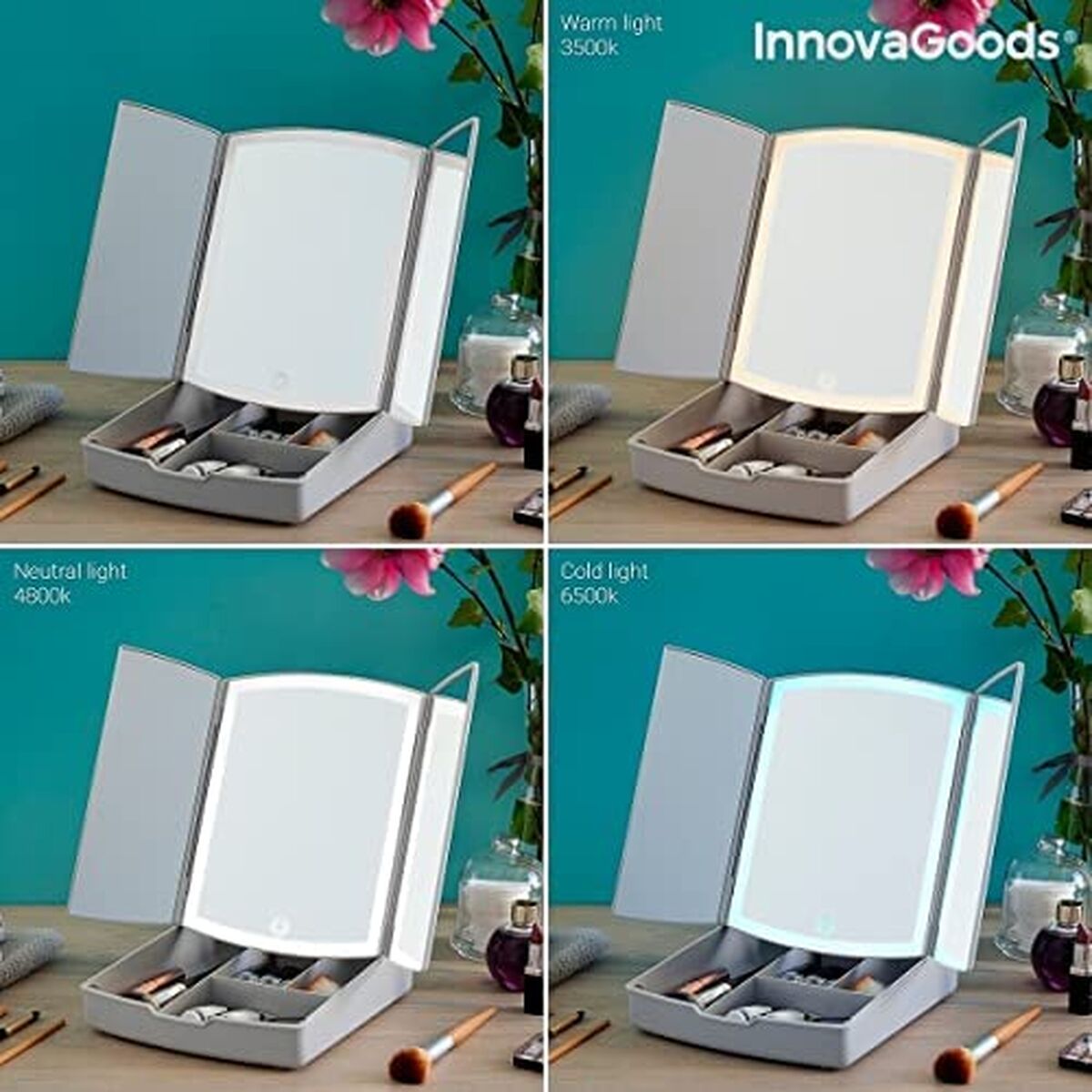 Klappbarer Spiegel mit LED und 3-in-1-Make-up-Organizer InnovaGoods Weiß (Restauriert B) - Thumbnail 8