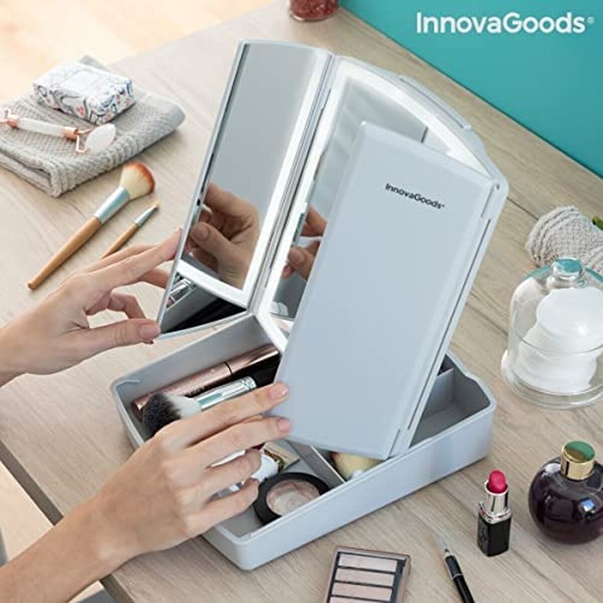 Klappbarer Spiegel mit LED und 3-in-1-Make-up-Organizer InnovaGoods Weiß (Restauriert B) - Thumbnail 6