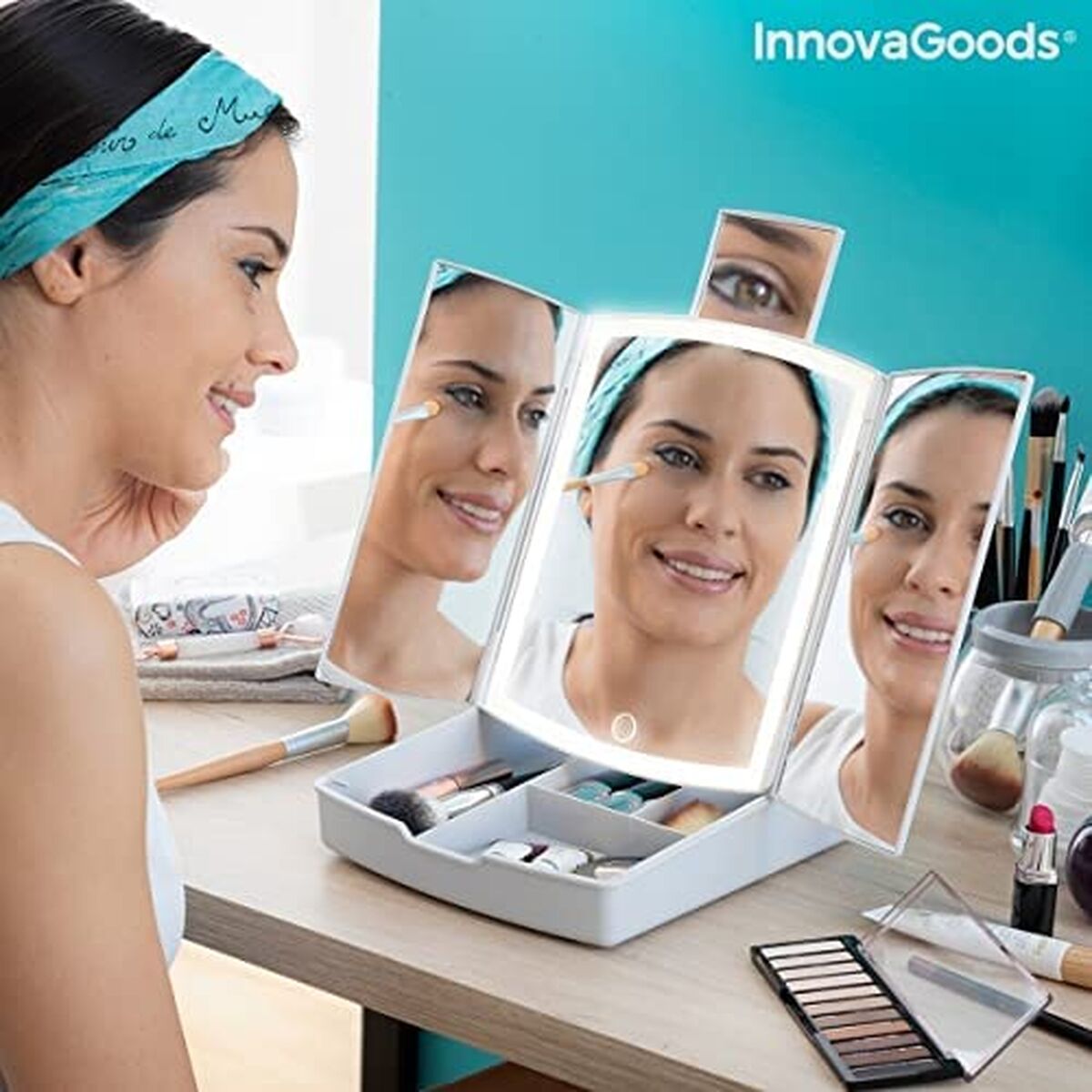 Klappbarer Spiegel mit LED und 3-in-1-Make-up-Organizer InnovaGoods Weiß (Restauriert B) - Thumbnail 5