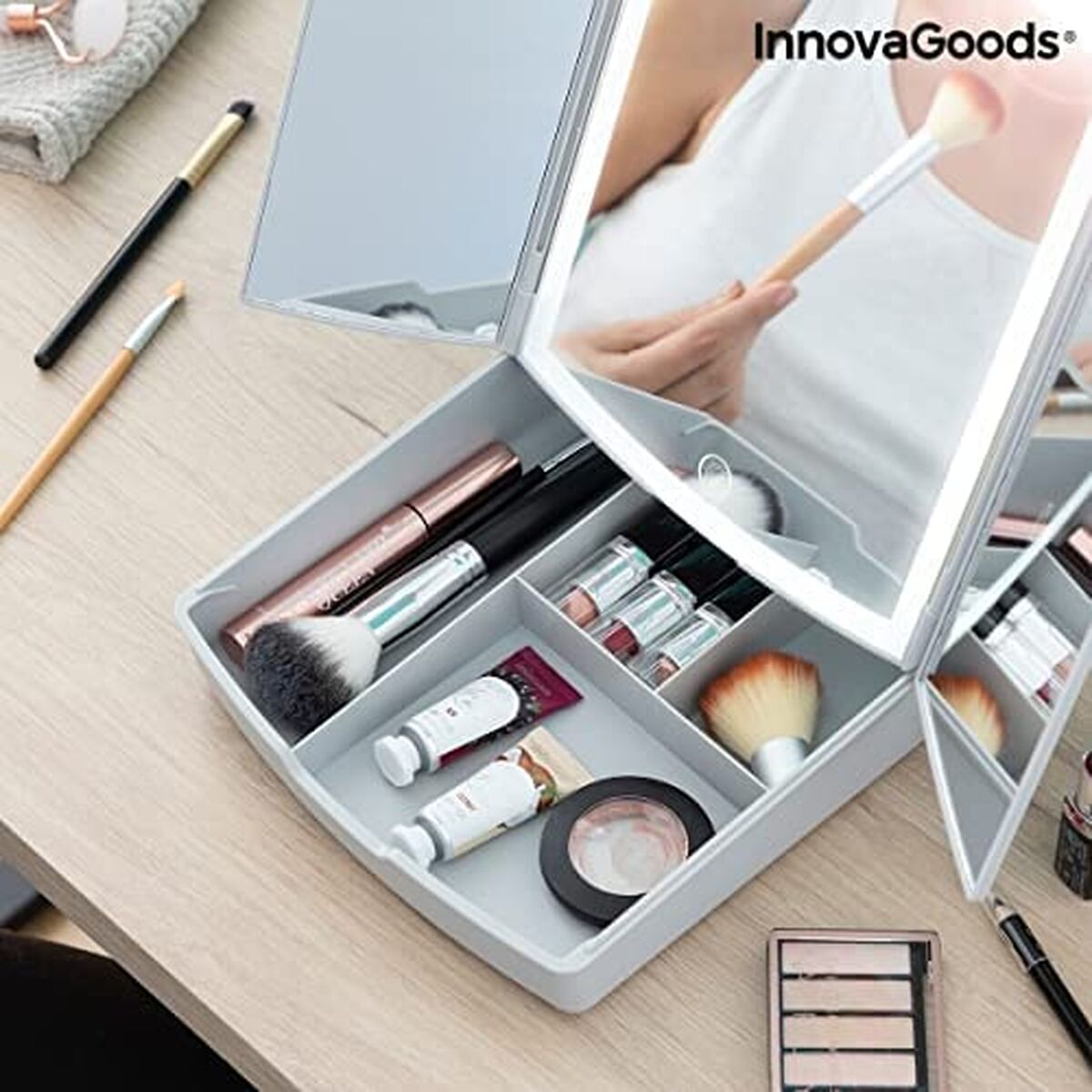 Klappbarer Spiegel mit LED und 3-in-1-Make-up-Organizer InnovaGoods Weiß (Restauriert B) - Thumbnail 4