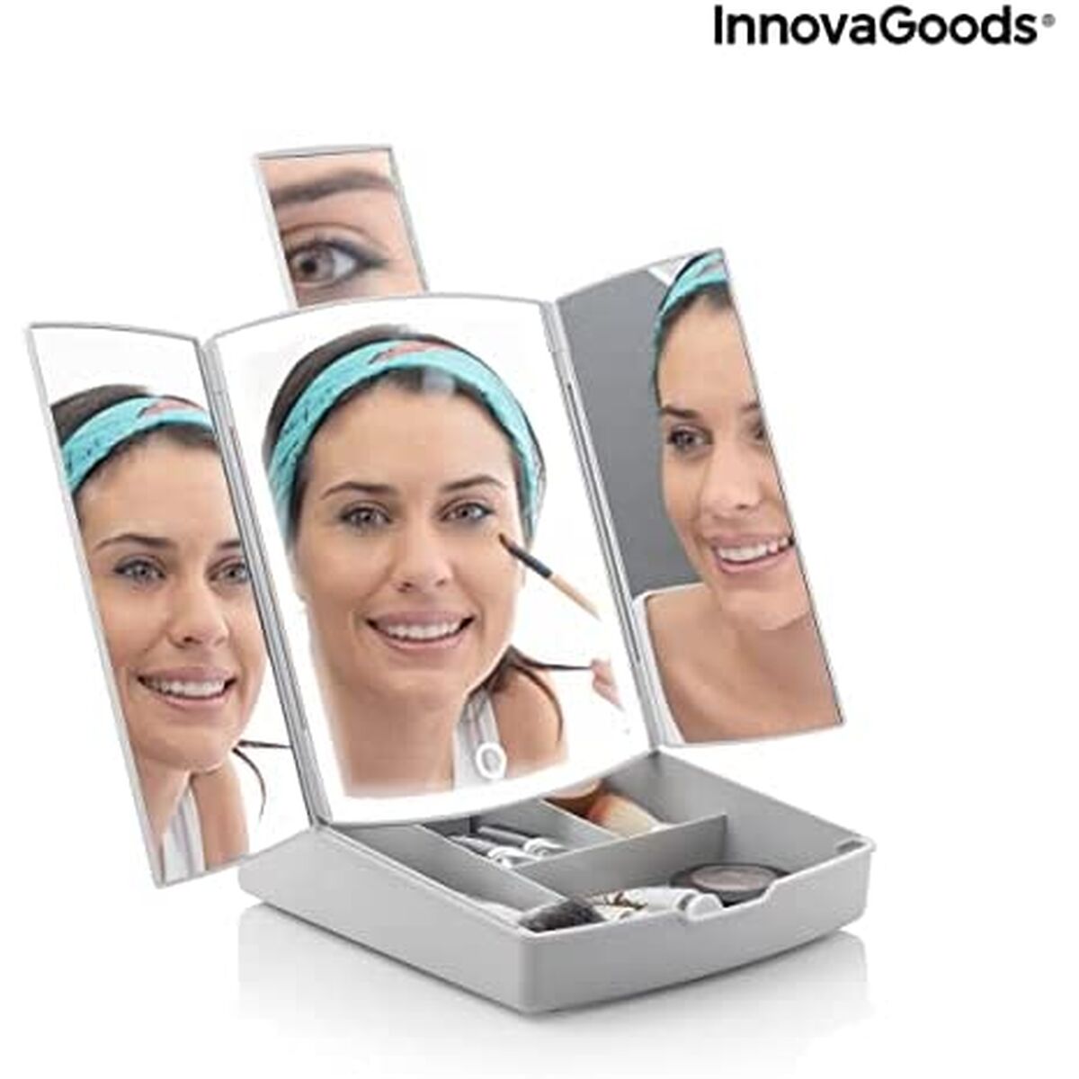 Klappbarer Spiegel mit LED und 3-in-1-Make-up-Organizer InnovaGoods Weiß (Restauriert B) - Thumbnail 2