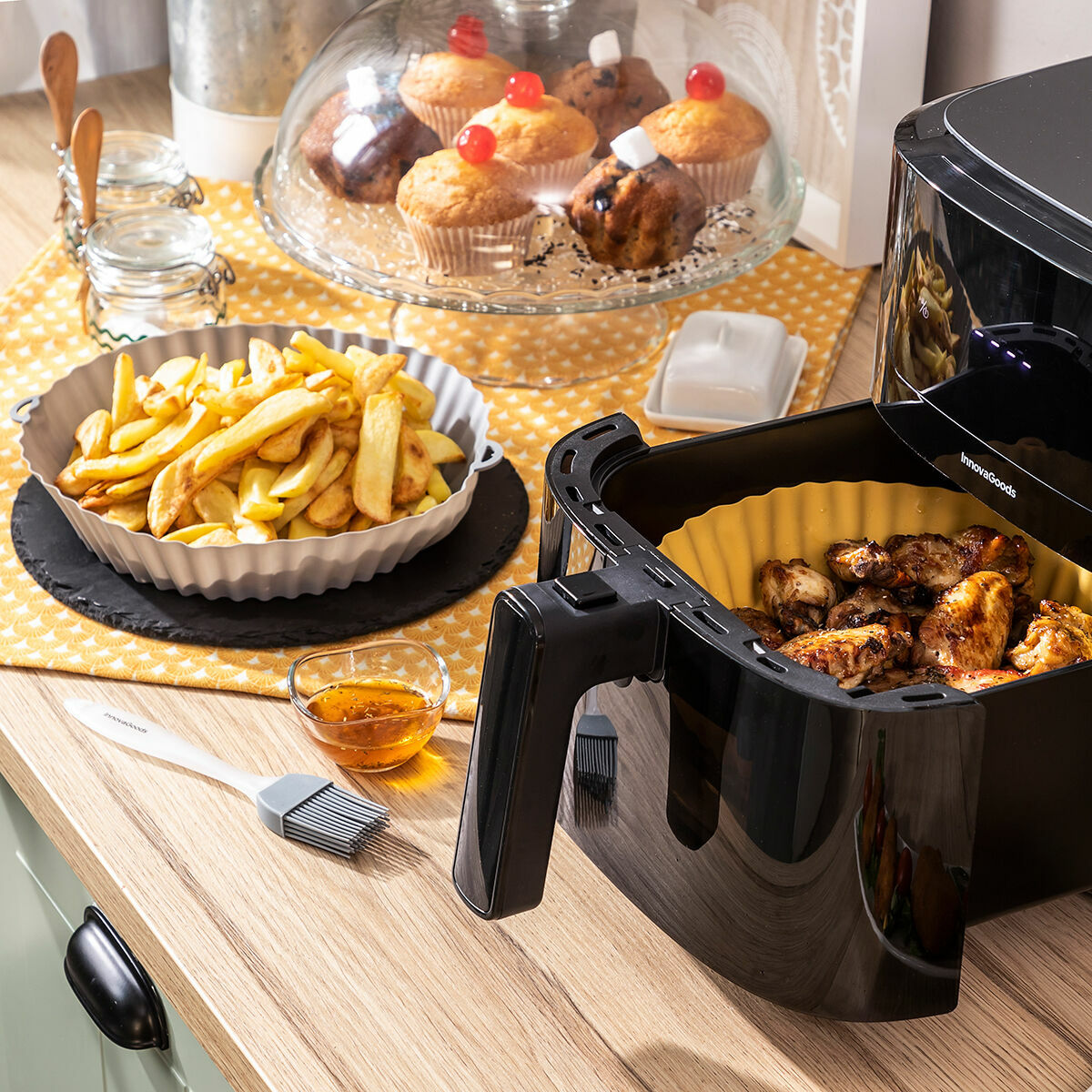 4er-Pack Silikonkörbe mit Griffen für Heißluftfritteuse und 2 Küchenpinsel InnovaGoods - Thumbnail 6